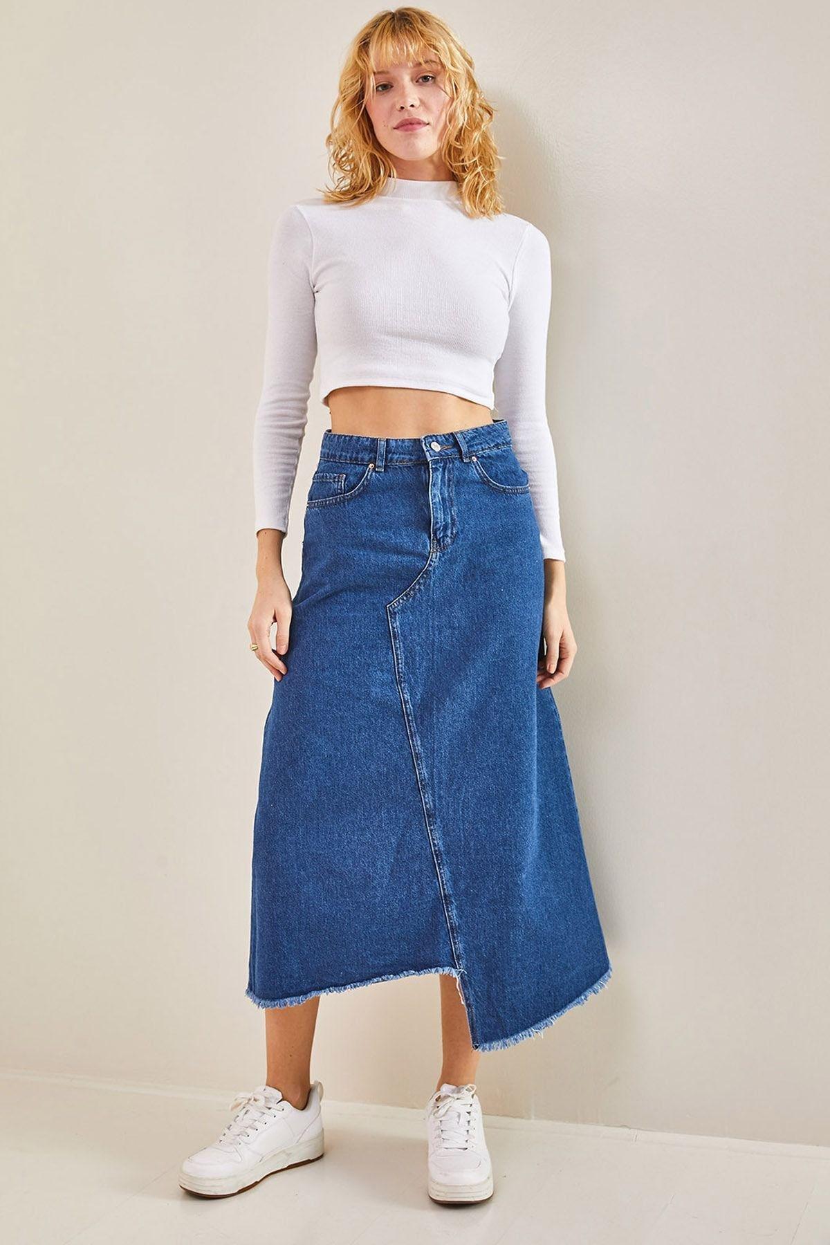 Blue Asymmetric Pattern Tasselled Denim Skirt, , large image number 2