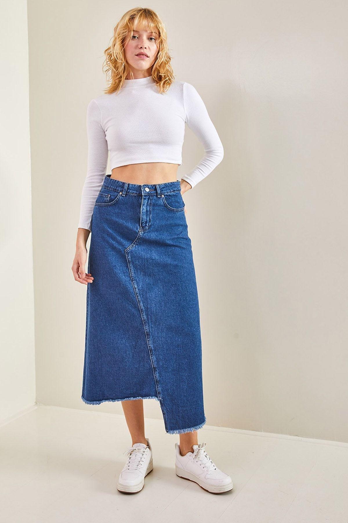 Blue Asymmetric Pattern Tasselled Denim Skirt, , large image number 4