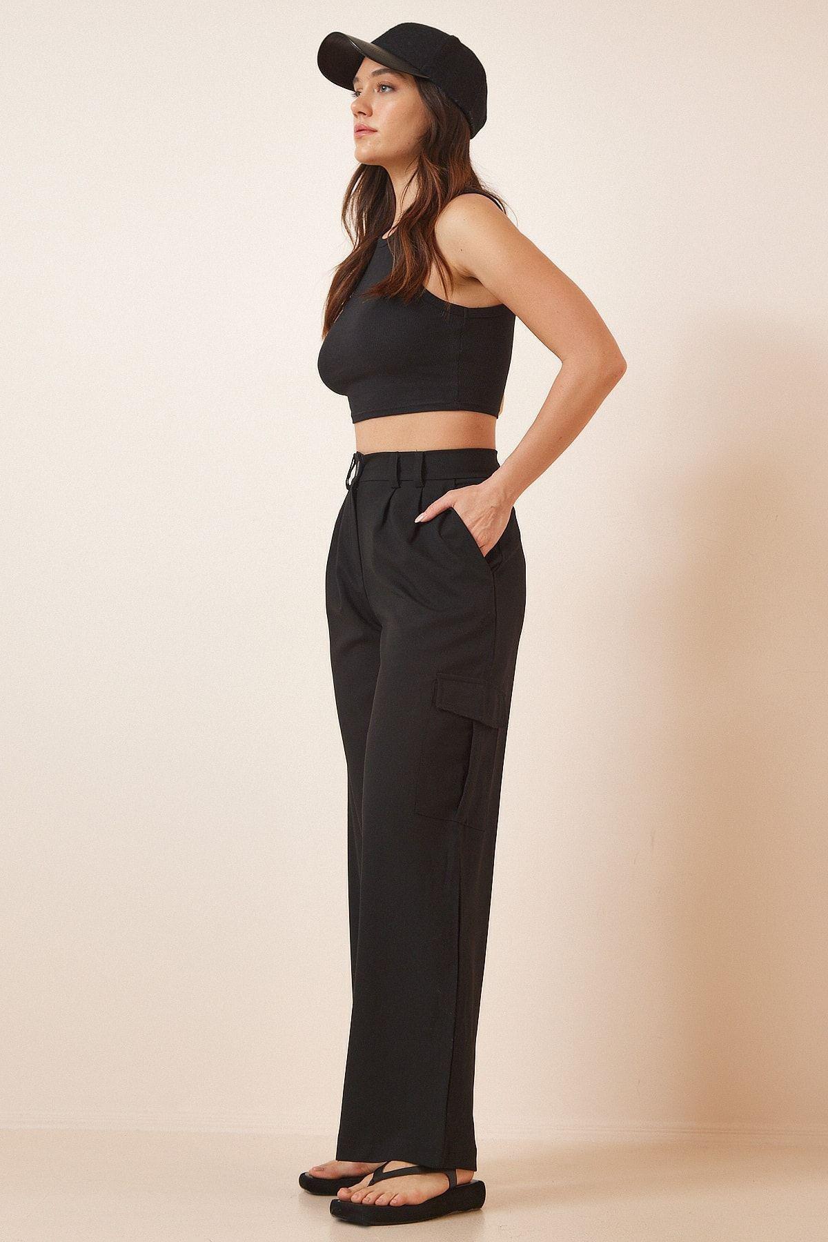 Black Loose Cargo Trousers With Pockets, , large image number 0