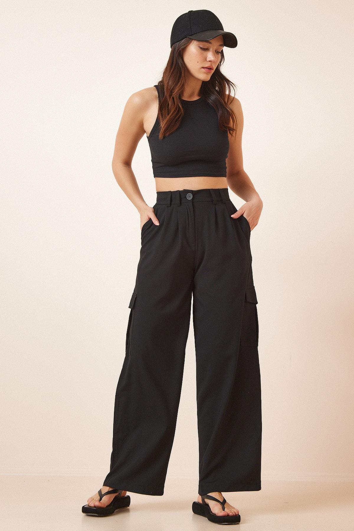 Black Loose Cargo Trousers With Pockets, , large image number 1