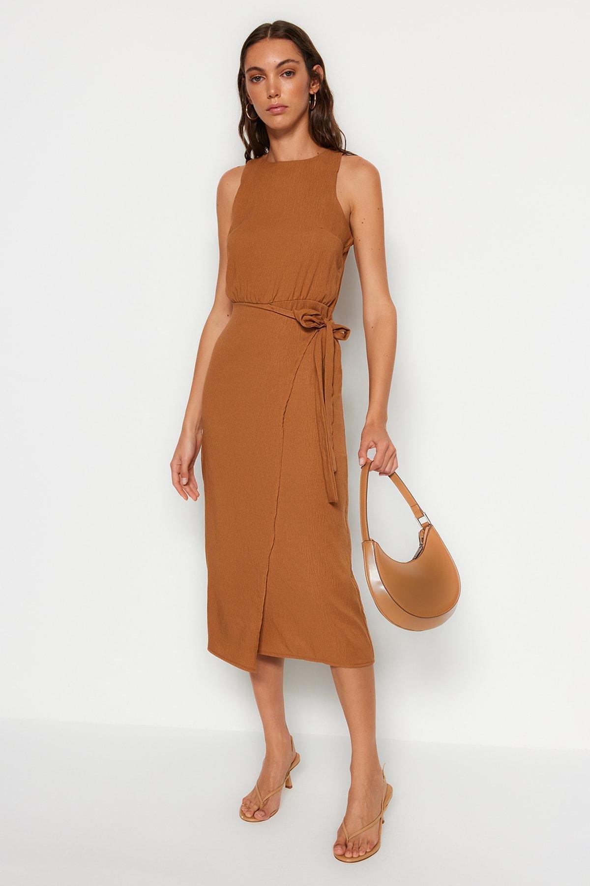 Trendyol - Brown Halter Neck Belted Dress