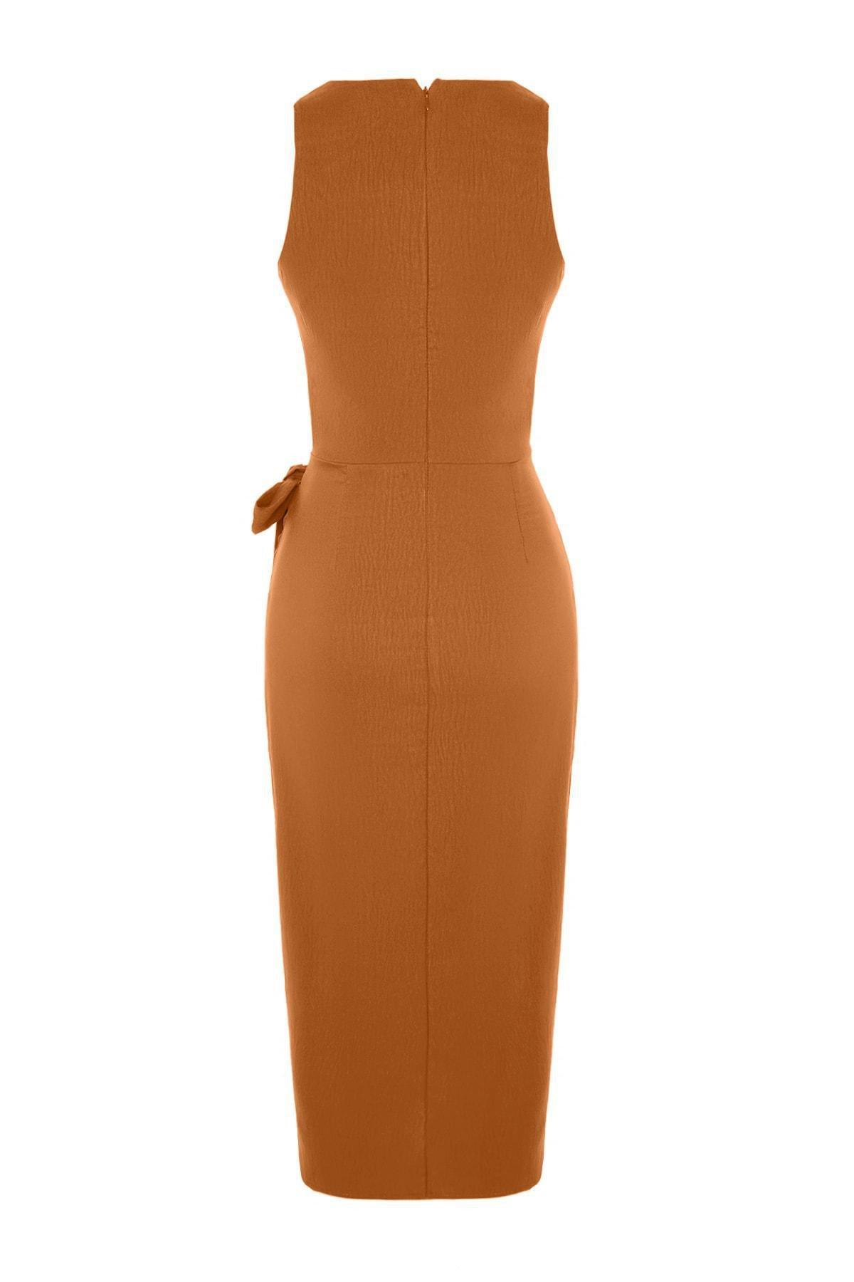 Trendyol - Brown Halter Neck Belted Dress