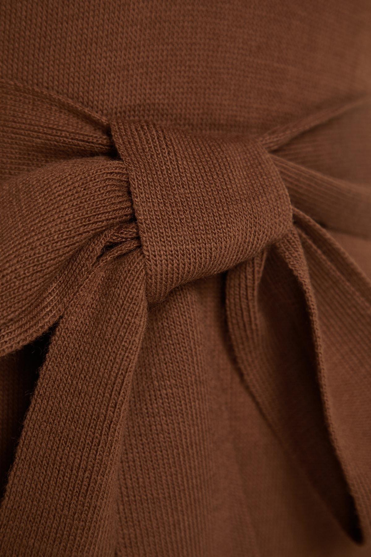 Brown V-Neck Belted Dress, , large image number 6