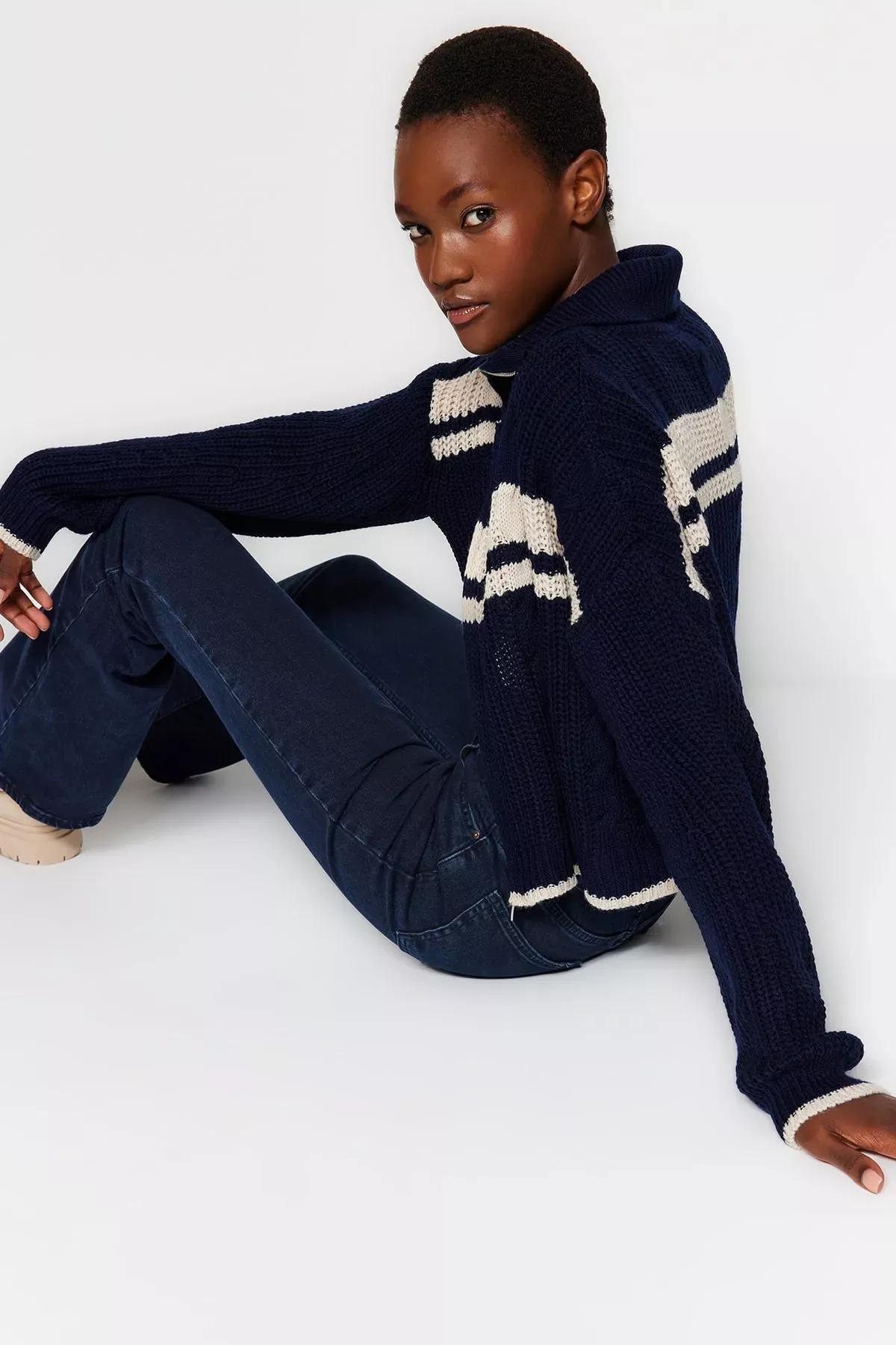 Navy Collared Colour Block Knitted Cardigan, Navy blue, large image number 1