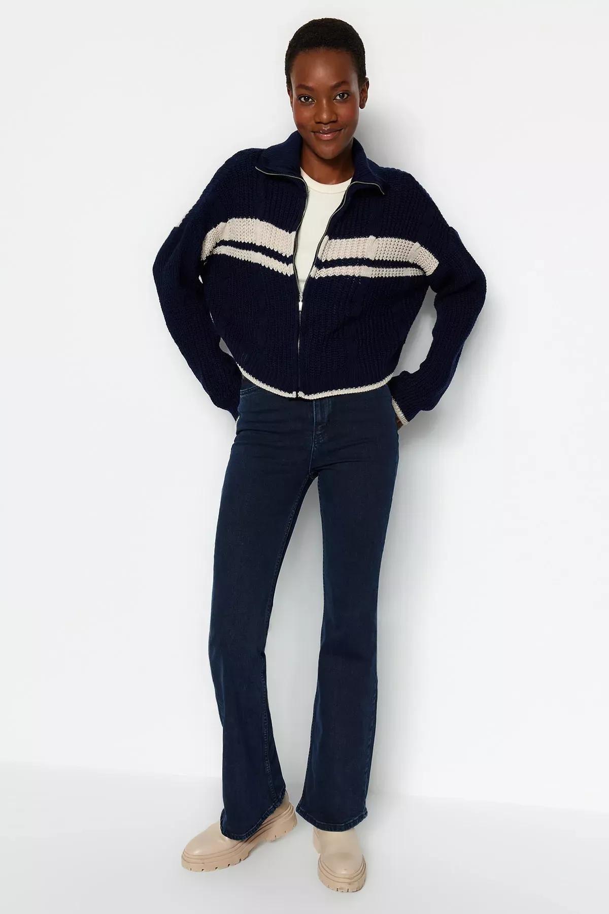 Navy Collared Colour Block Knitted Cardigan, Navy blue, large image number 2