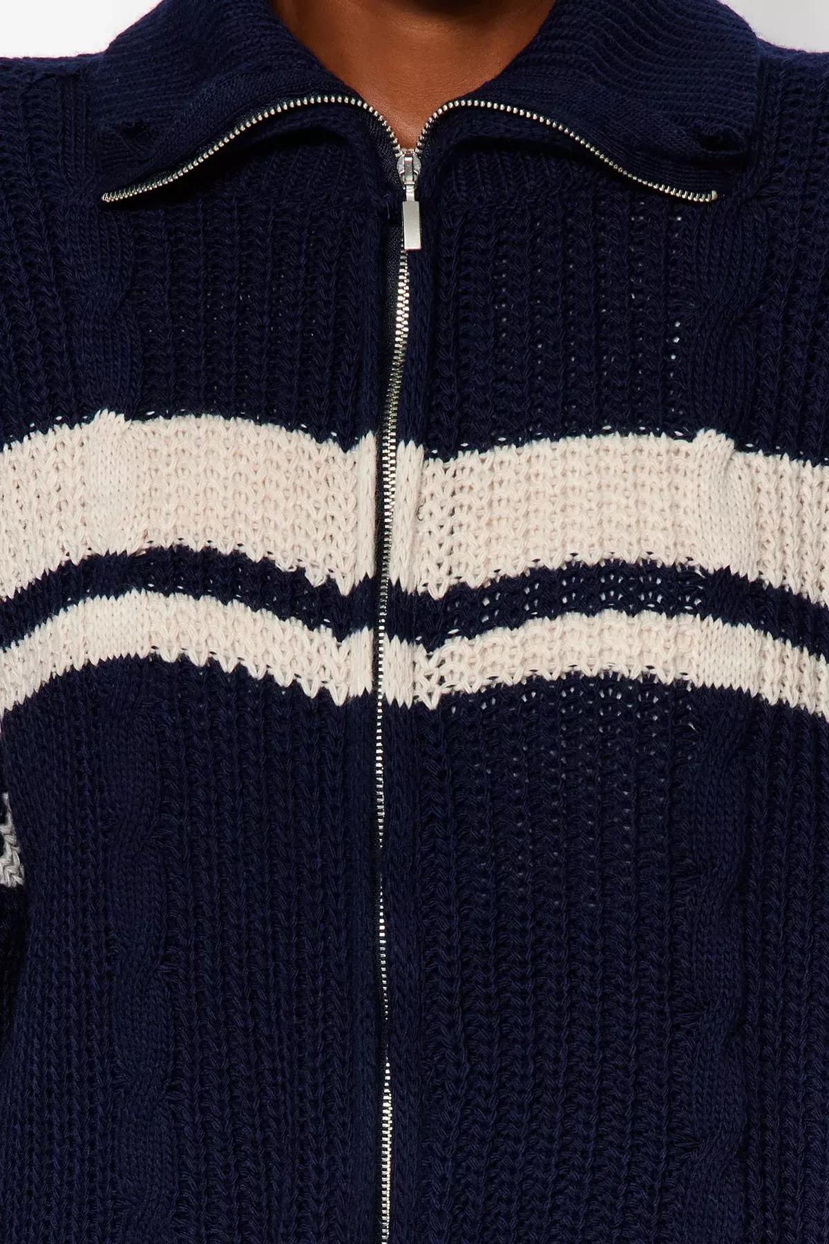 Navy Collared Colour Block Knitted Cardigan, Navy blue, large image number 3