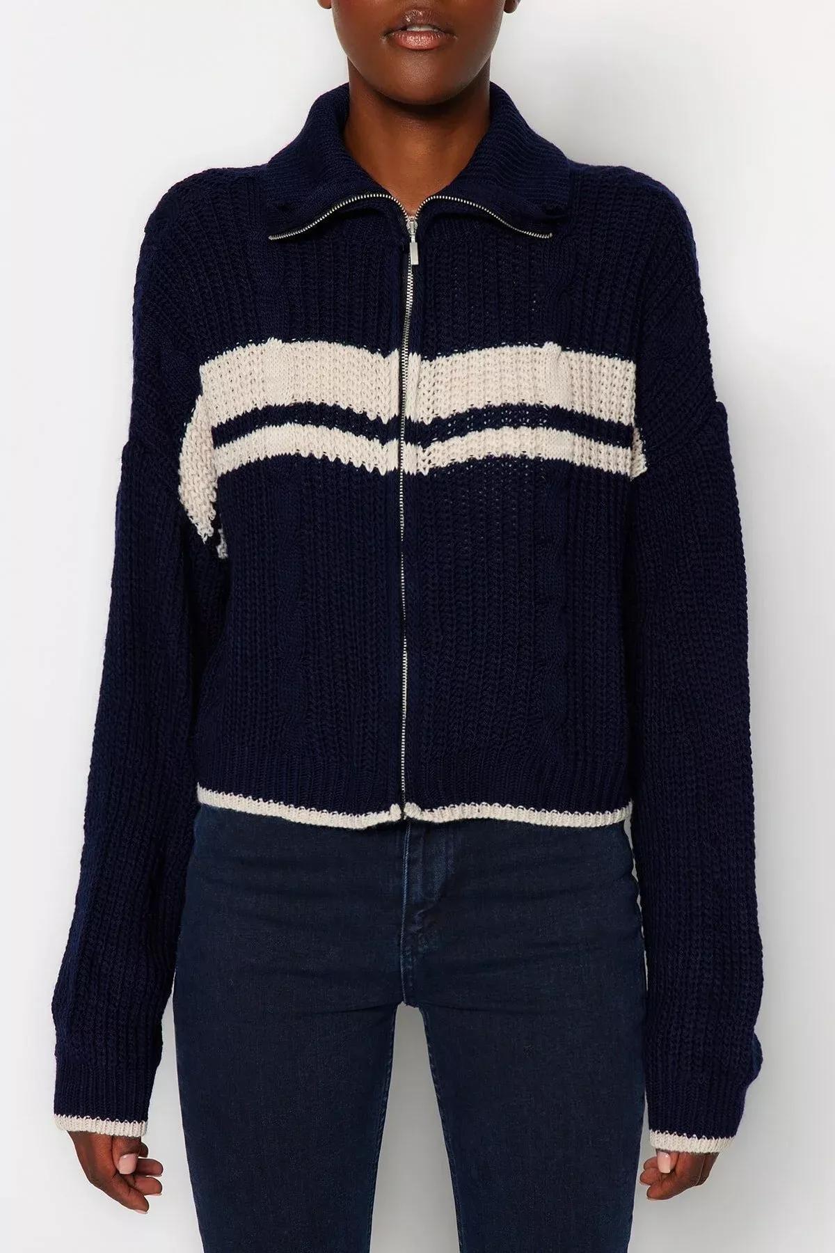 Navy Collared Colour Block Knitted Cardigan, Navy blue, large image number 4