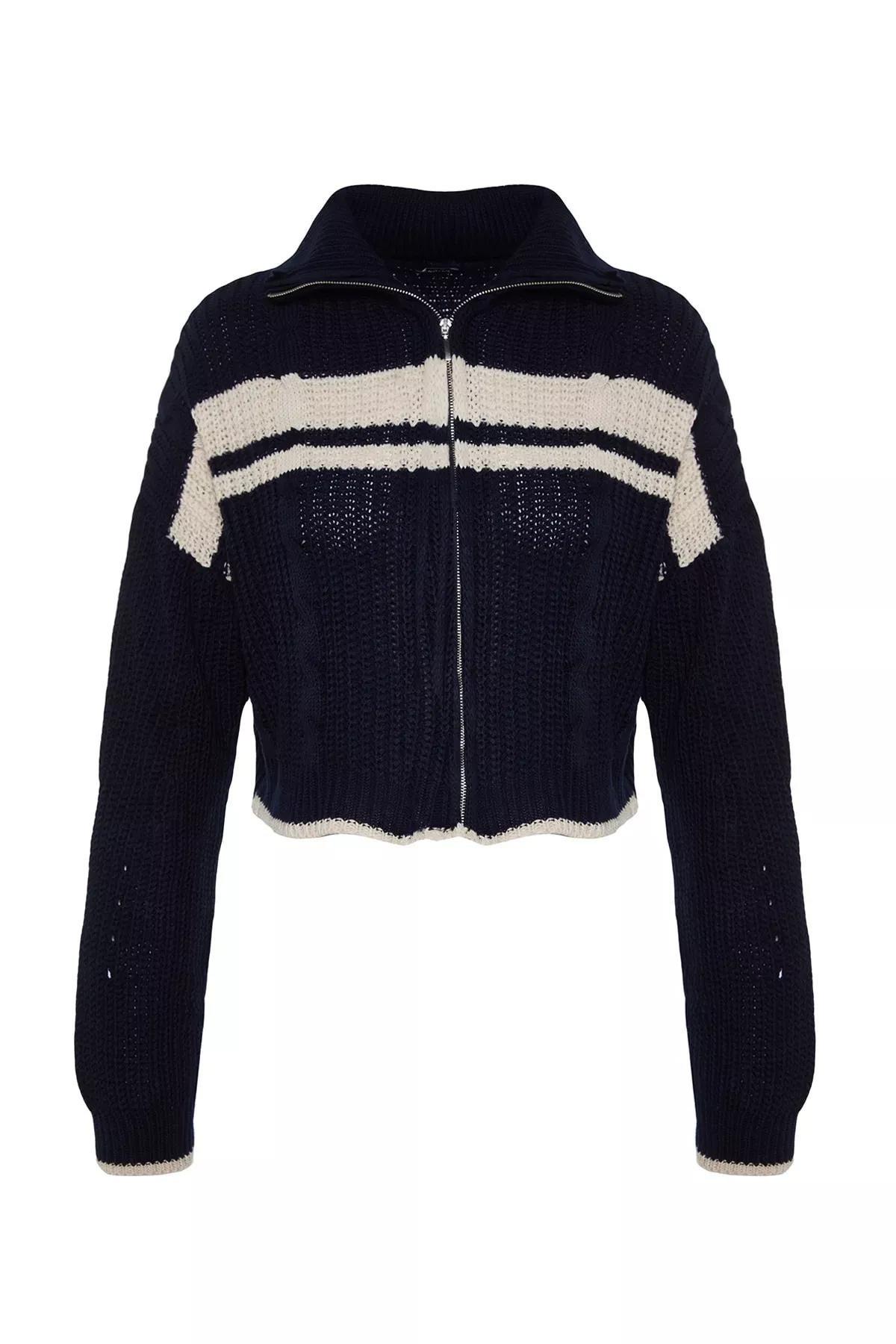 Navy Collared Colour Block Knitted Cardigan, Navy blue, large image number 5