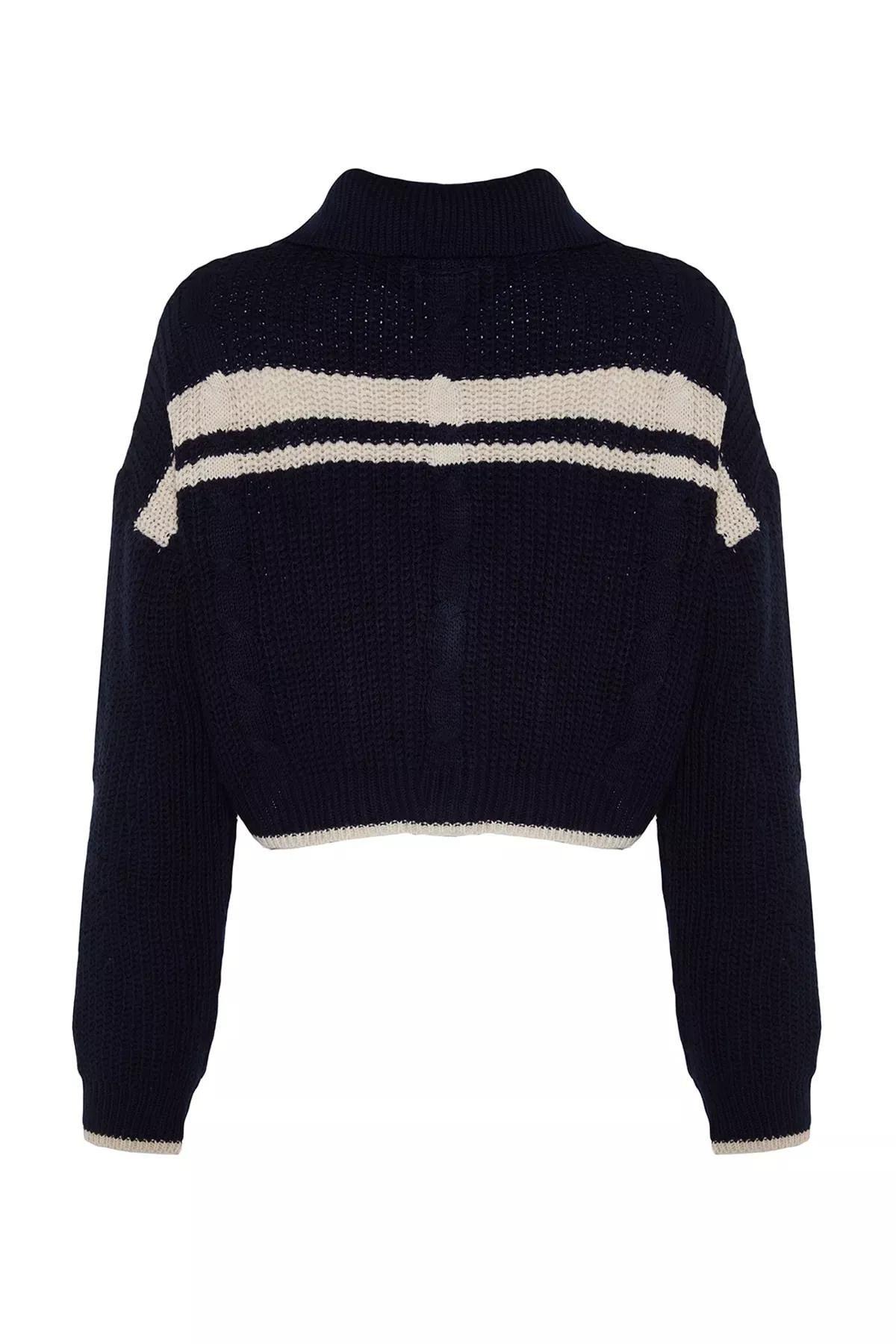 Navy Collared Colour Block Knitted Cardigan, Navy blue, large image number 7