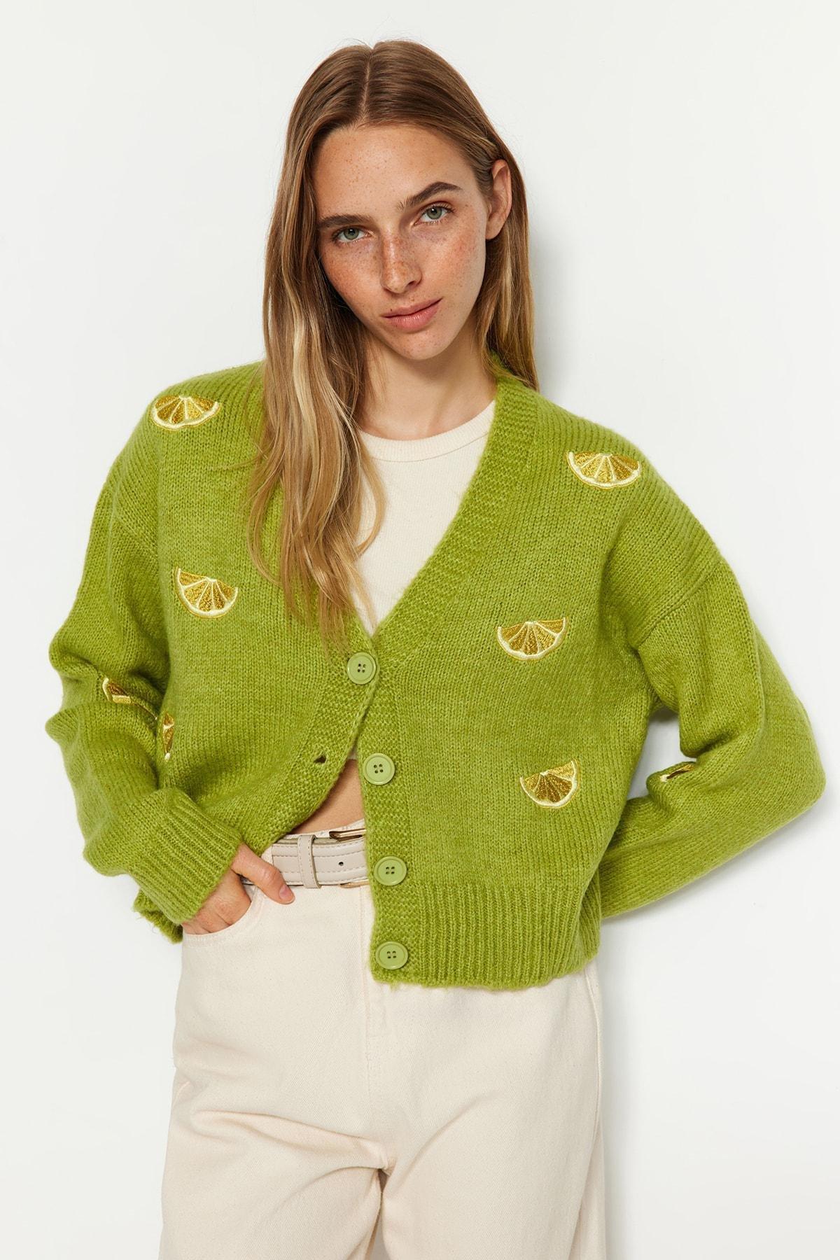 Green Soft Textured Embroidered V-Neck Knitwear Cardigan, , large image number 0