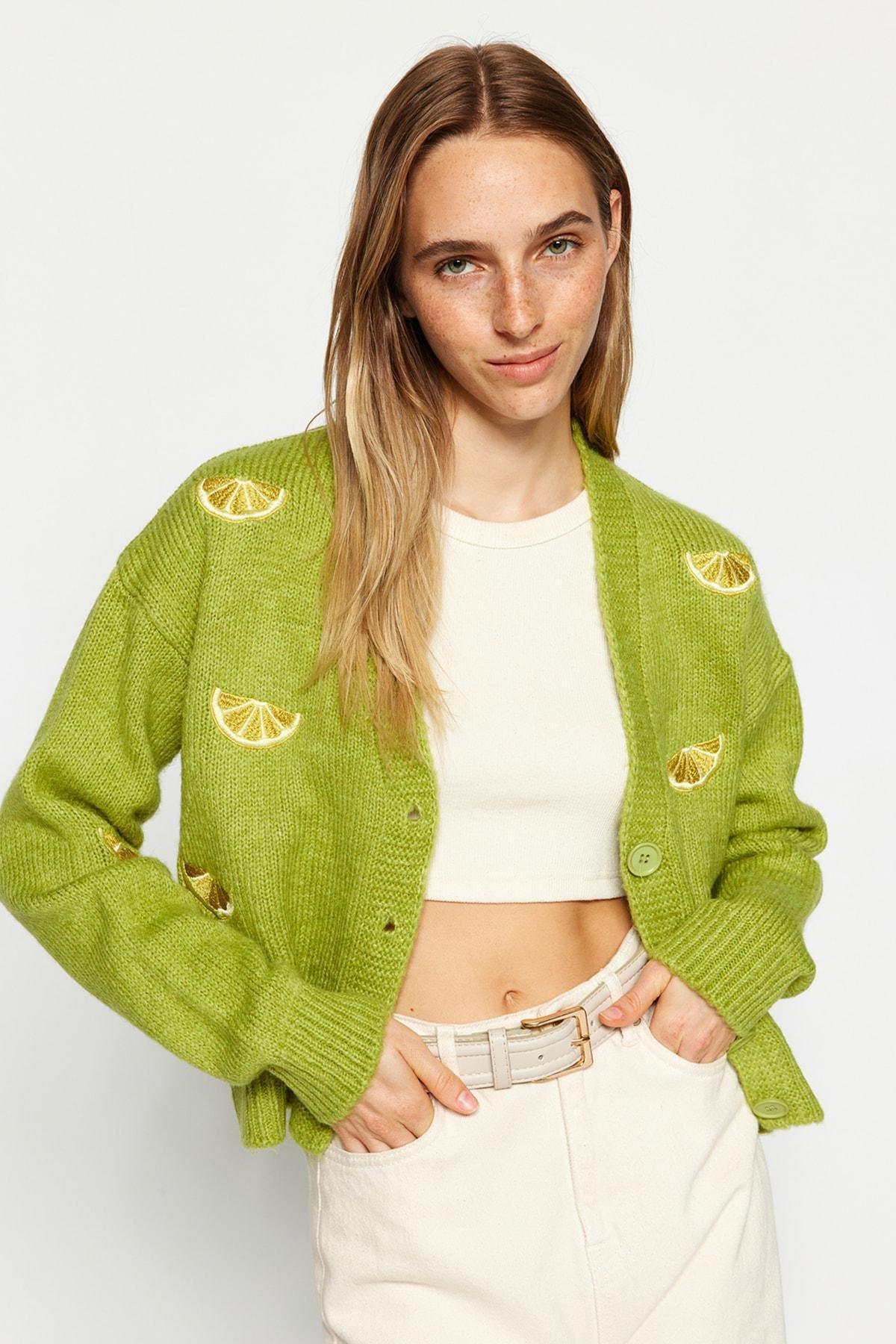 Green Soft Textured Embroidered V-Neck Knitwear Cardigan, , large image number 1