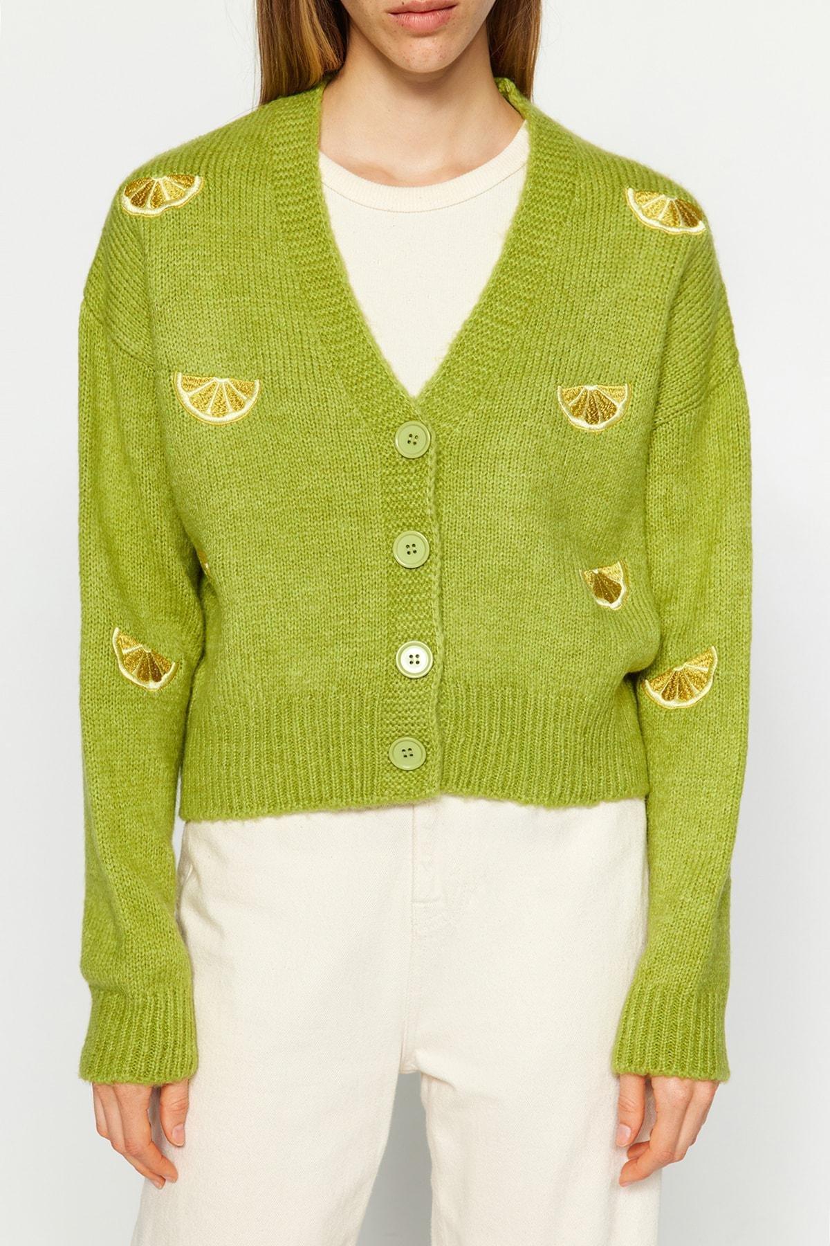 Green Soft Textured Embroidered V-Neck Knitwear Cardigan, , large image number 3