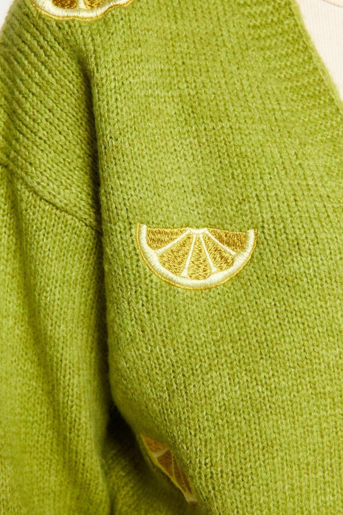 Green Soft Textured Embroidered V-Neck Knitwear Cardigan, , large image number 4