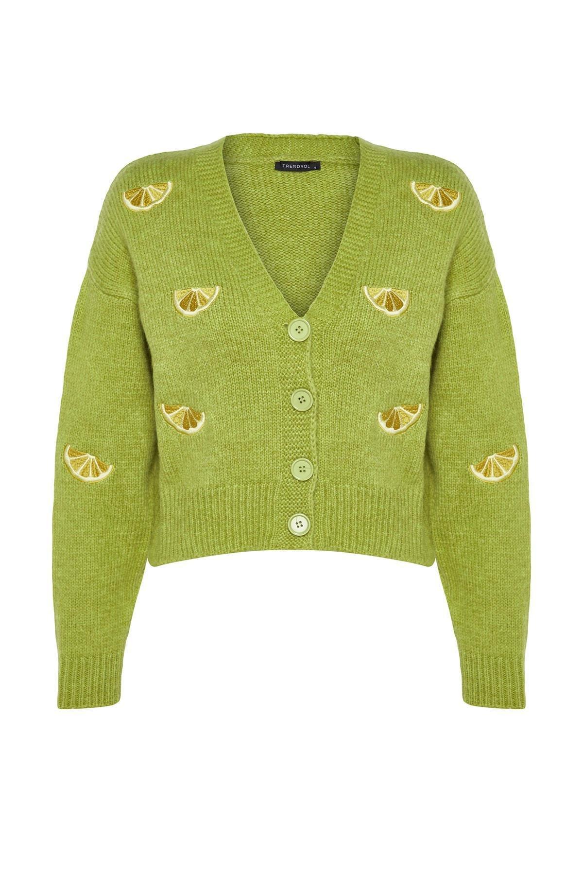 Green Soft Textured Embroidered V-Neck Knitwear Cardigan, , large image number 5
