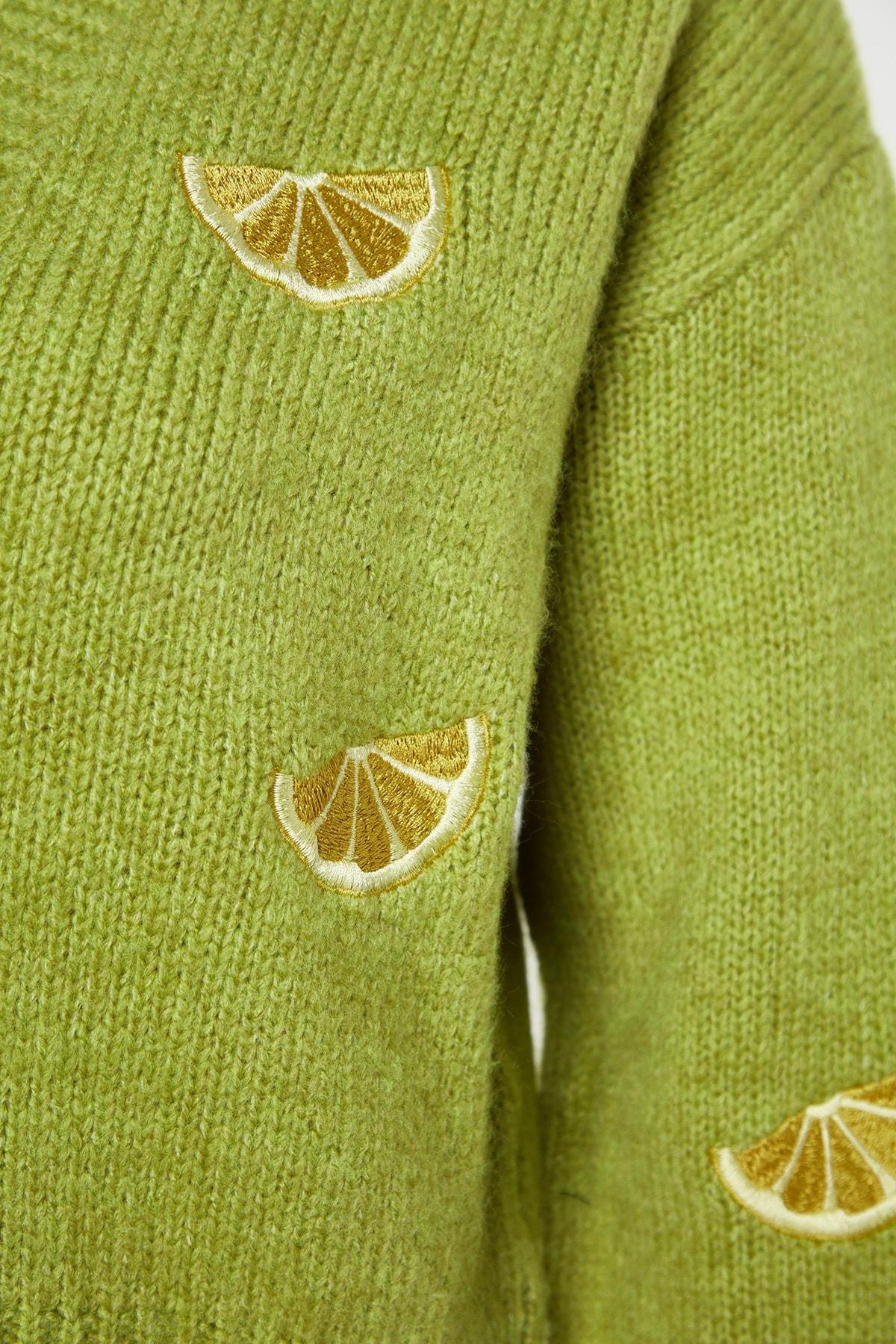 Green Soft Textured Embroidered V-Neck Knitwear Cardigan, , large image number 6