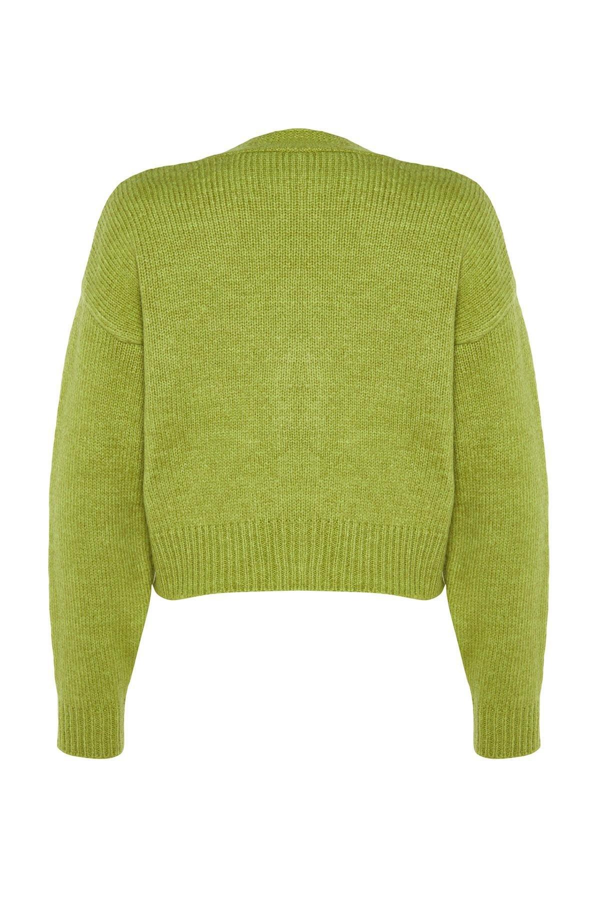 Green Soft Textured Embroidered V-Neck Knitwear Cardigan, , large image number 7
