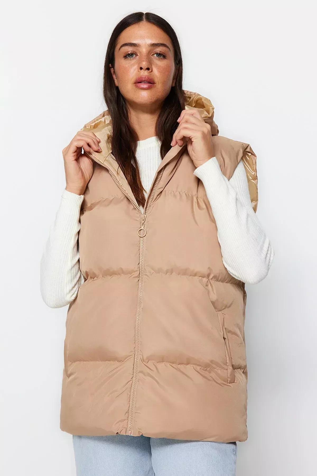 Beige Puffer Hooded Vest, Beige, large image number 0