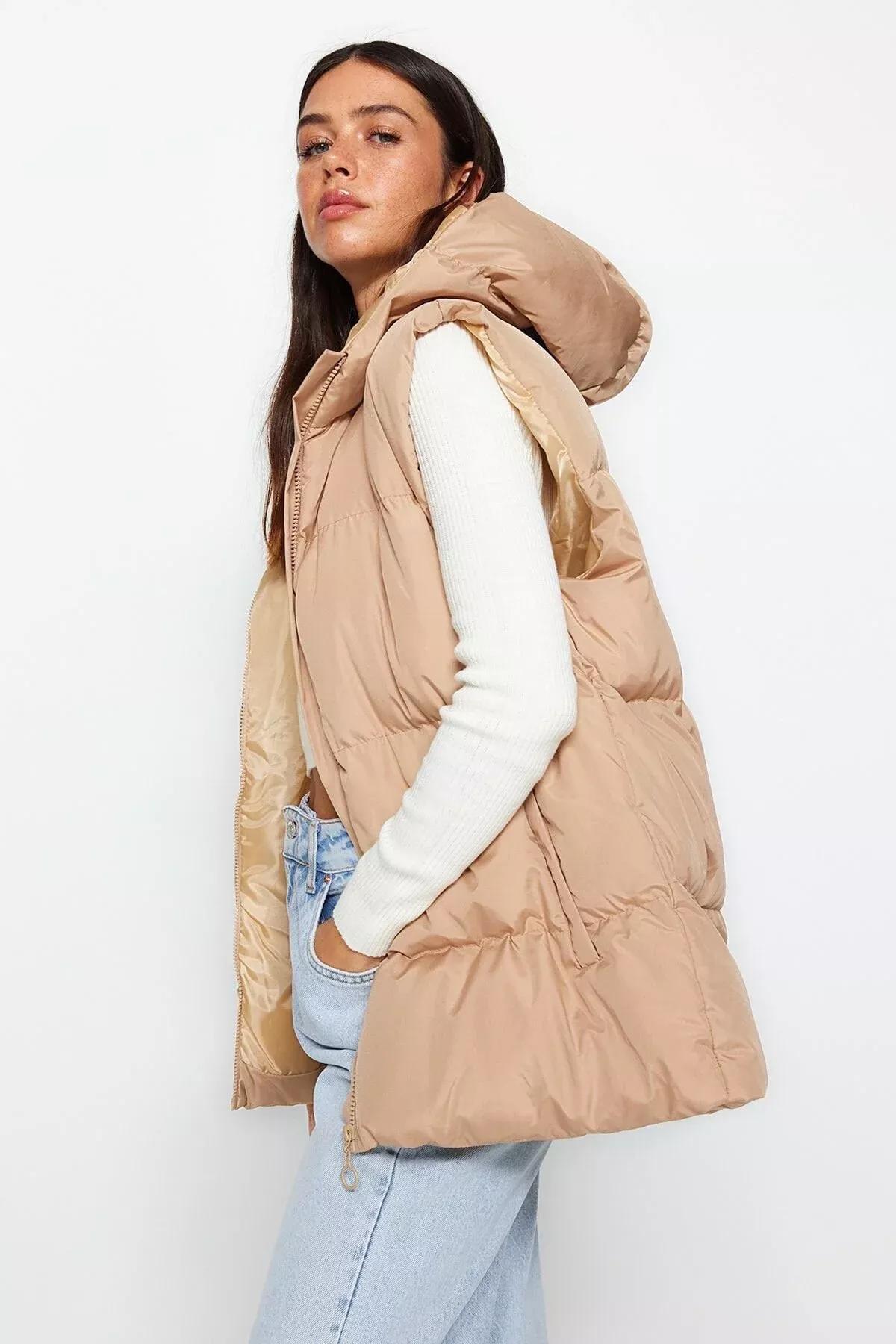 Beige Puffer Hooded Vest, Beige, large image number 1