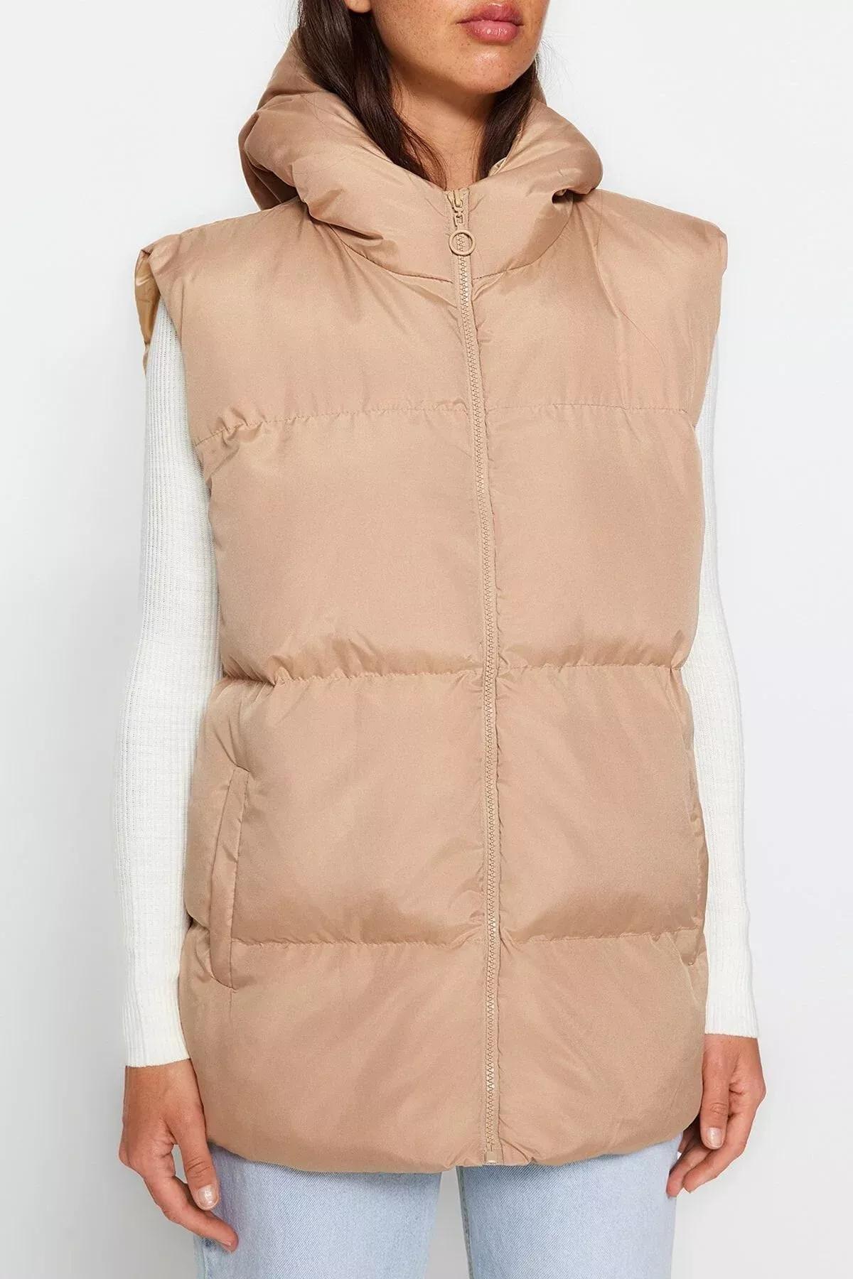 Beige Puffer Hooded Vest, Beige, large image number 2