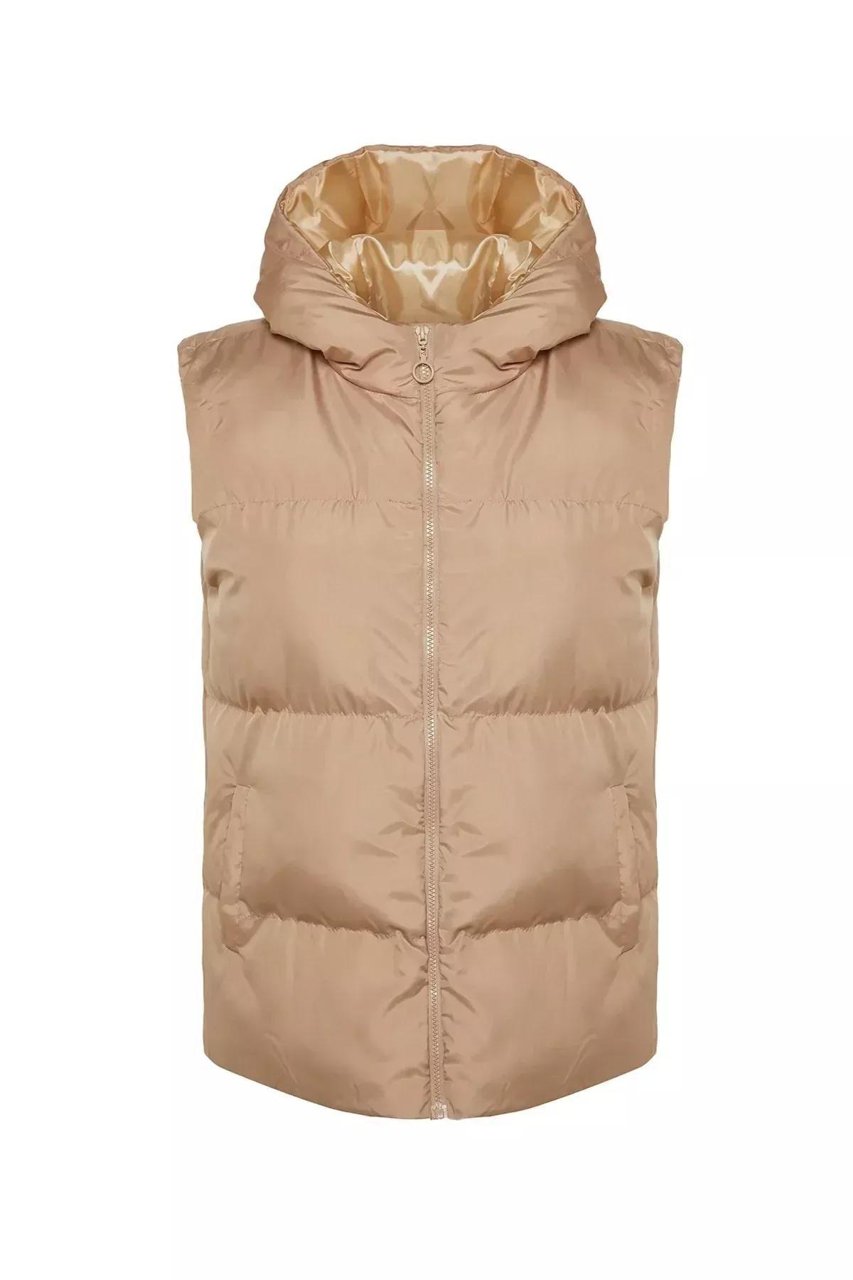 Beige Puffer Hooded Vest, Beige, large image number 4