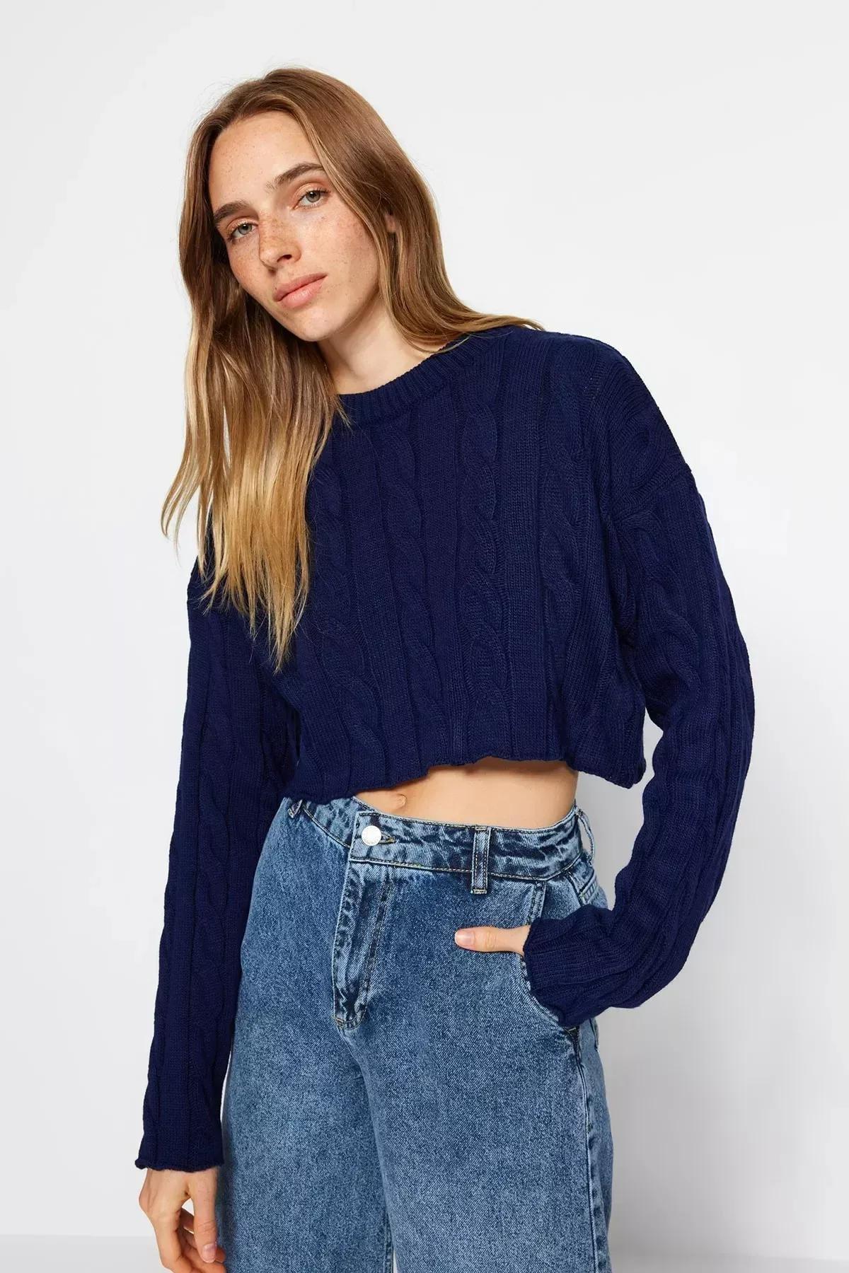 Navy Super Cropped Knitted Sweater, Navy blue, large image number 1