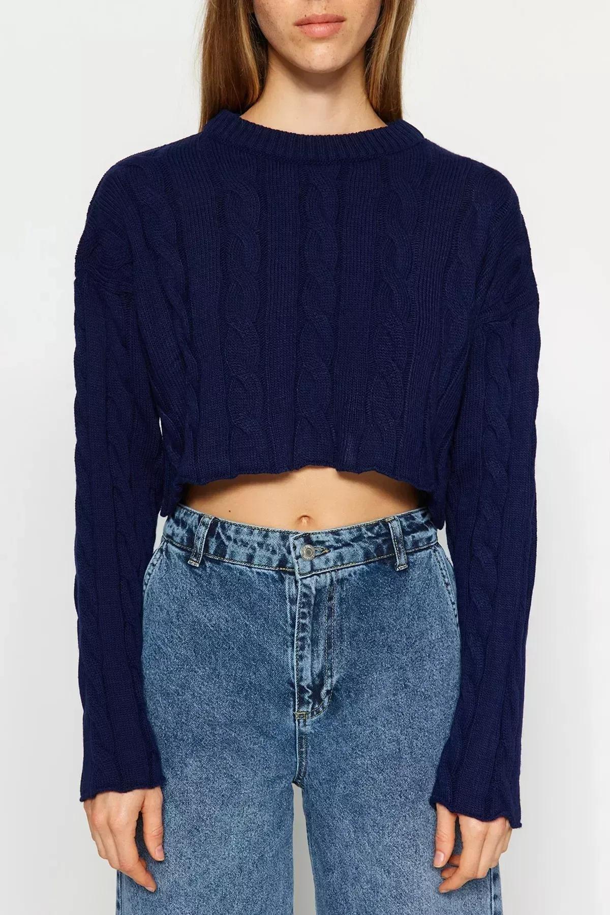 Navy Super Cropped Knitted Sweater, Navy blue, large image number 3