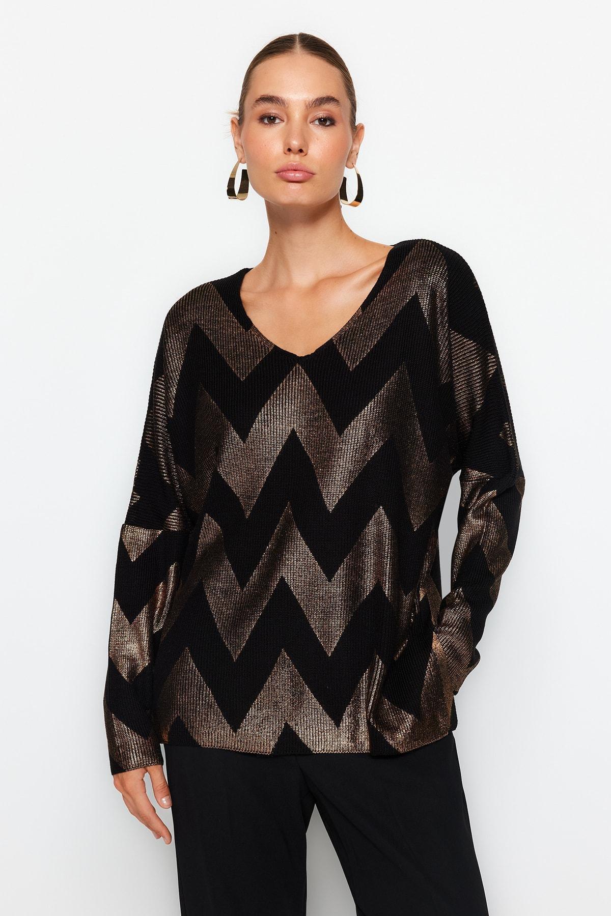 Black Foil Printed Knitwear Sweater, , large image number 1