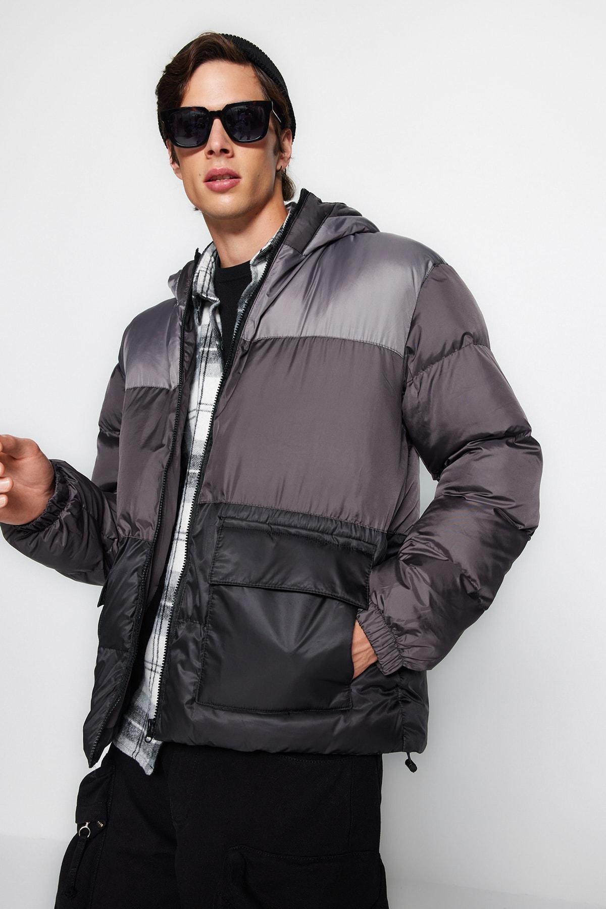 Grey Oversized Hooded Colour Block Winter Coat, , large image number 0