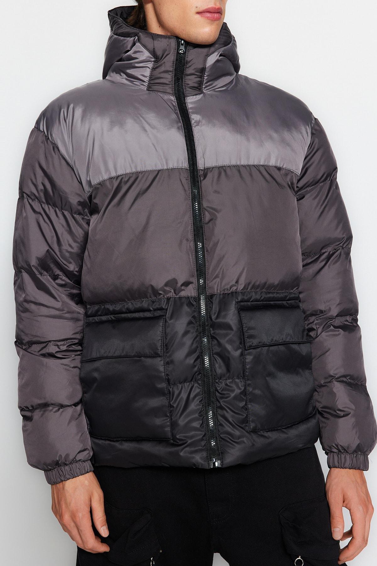 Grey Oversized Hooded Colour Block Winter Coat, , large image number 1