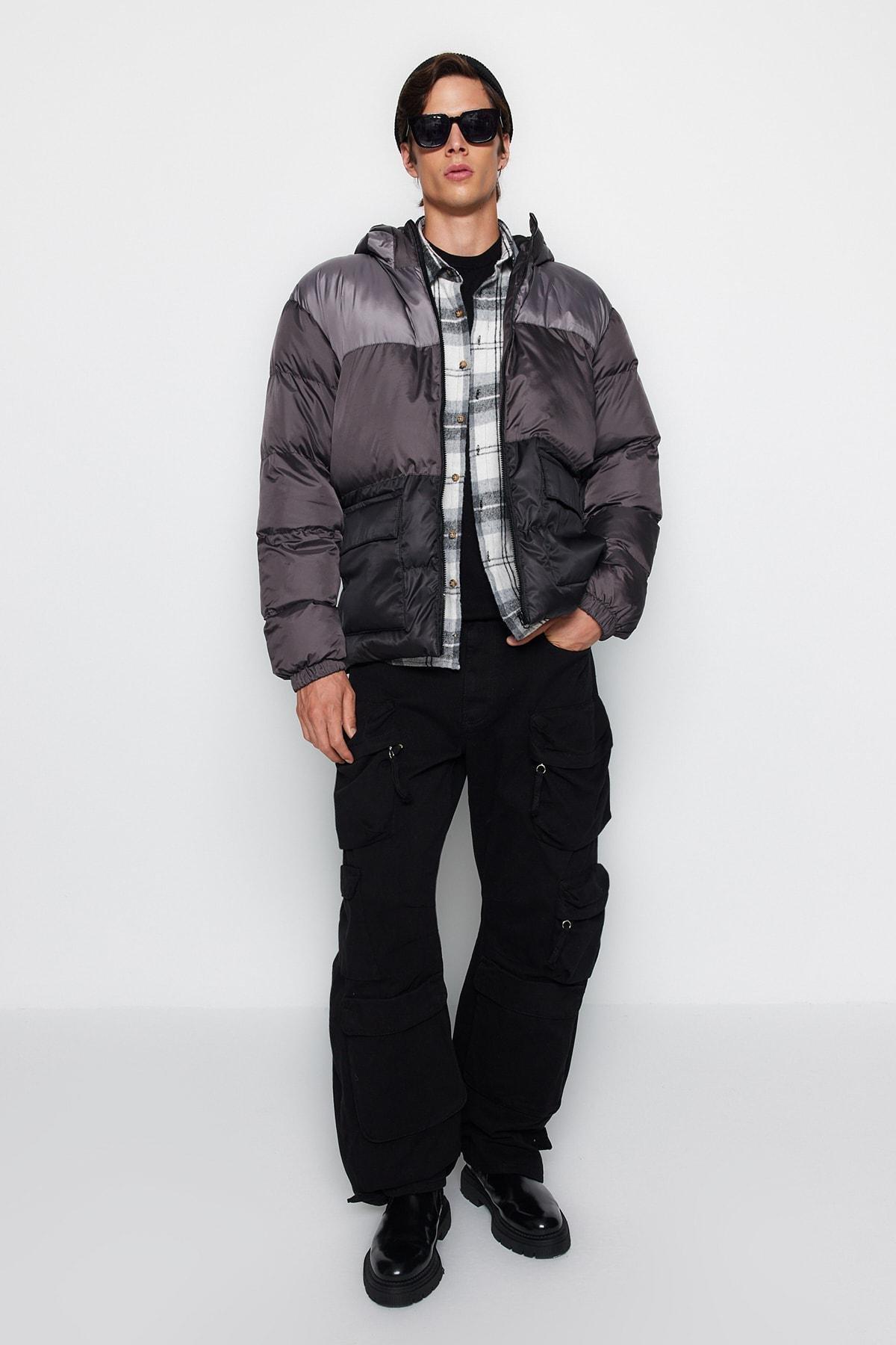 Grey Oversized Hooded Colour Block Winter Coat, , large image number 3