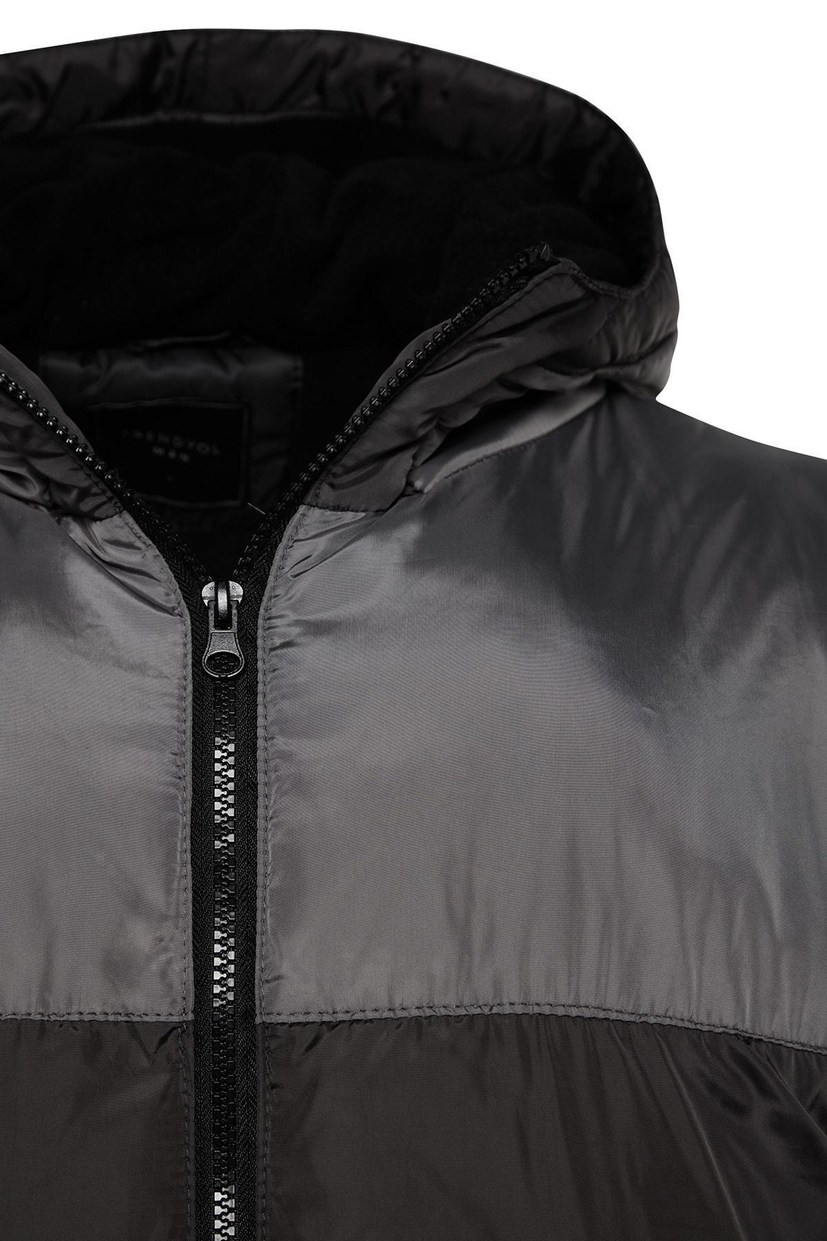 Grey Oversized Hooded Colour Block Winter Coat, , large image number 4