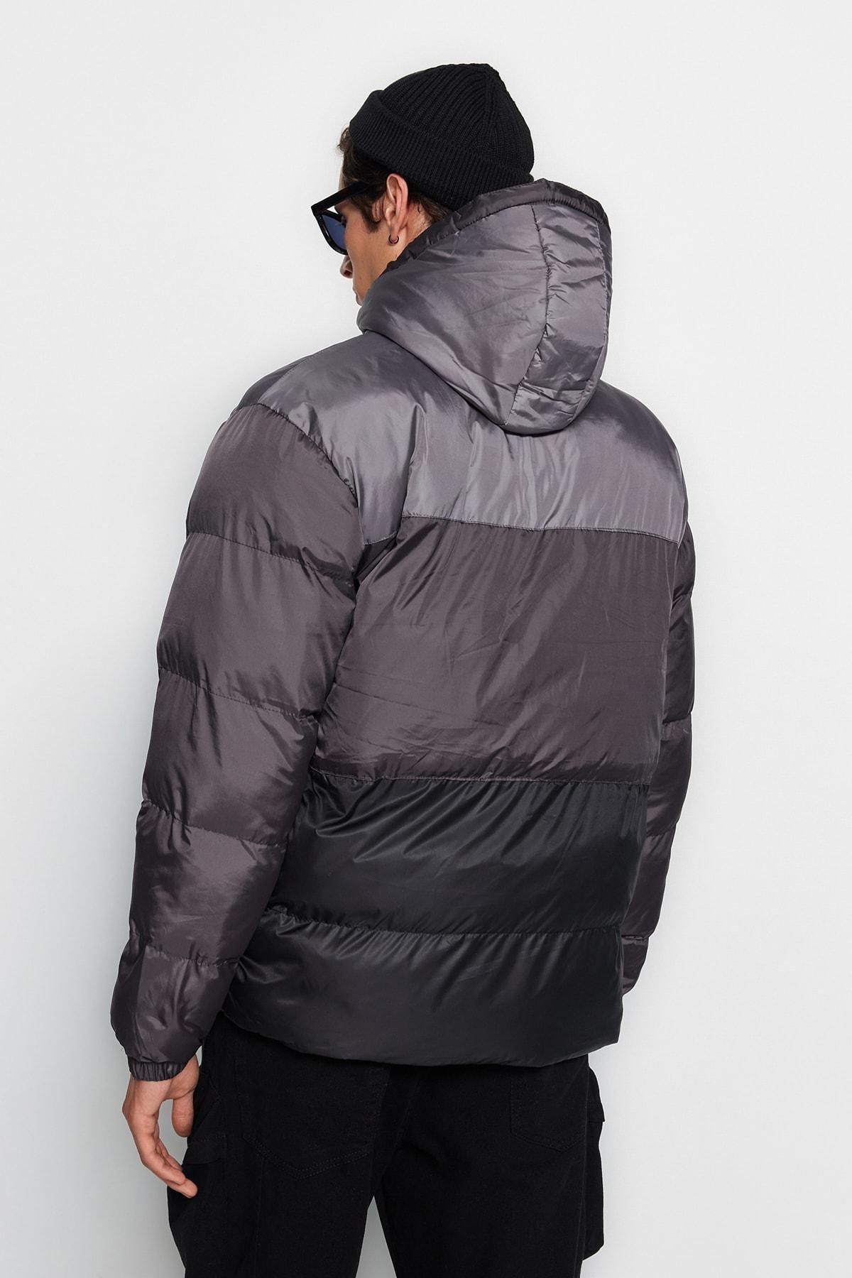 Grey Oversized Hooded Colour Block Winter Coat, , large image number 5