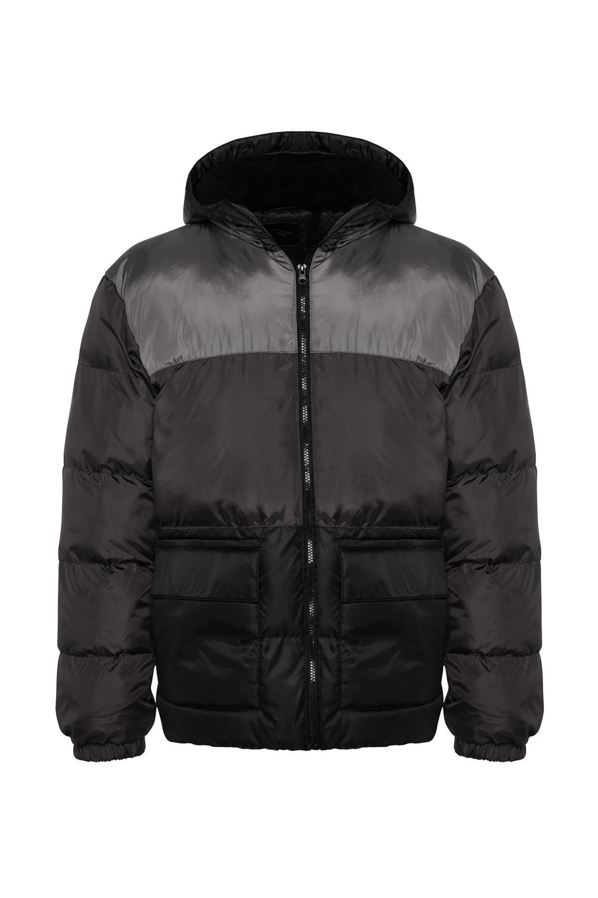 Grey Oversized Hooded Colour Block Winter Coat, , large image number 6