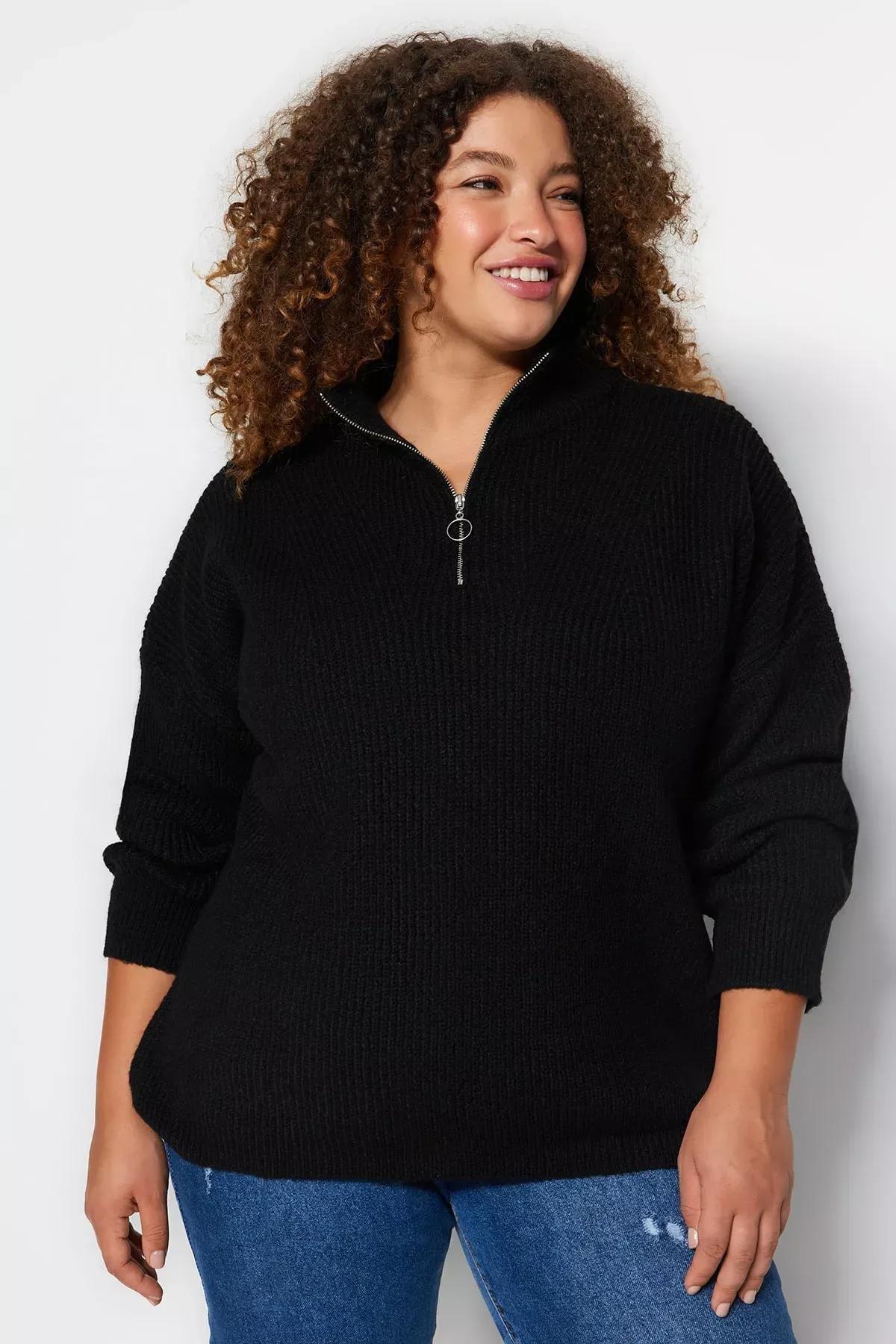 Black Zipper Closure Knitwear Sweater, BLACK, large image number 0