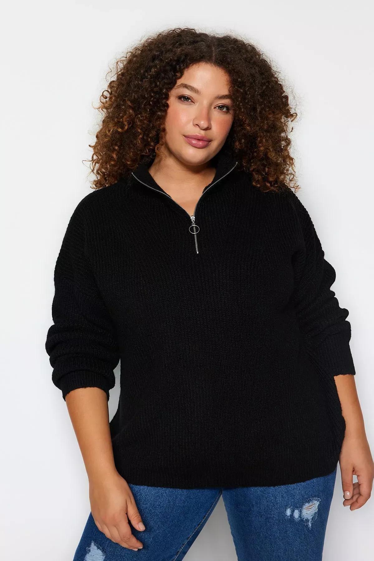 Black Zipper Closure Knitwear Sweater, BLACK, large image number 1