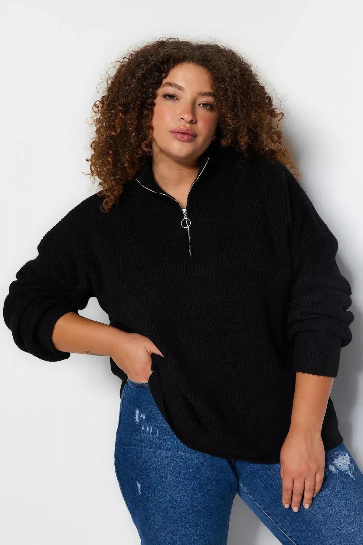 Black Zipper Closure Knitwear Sweater, BLACK, large image number 2