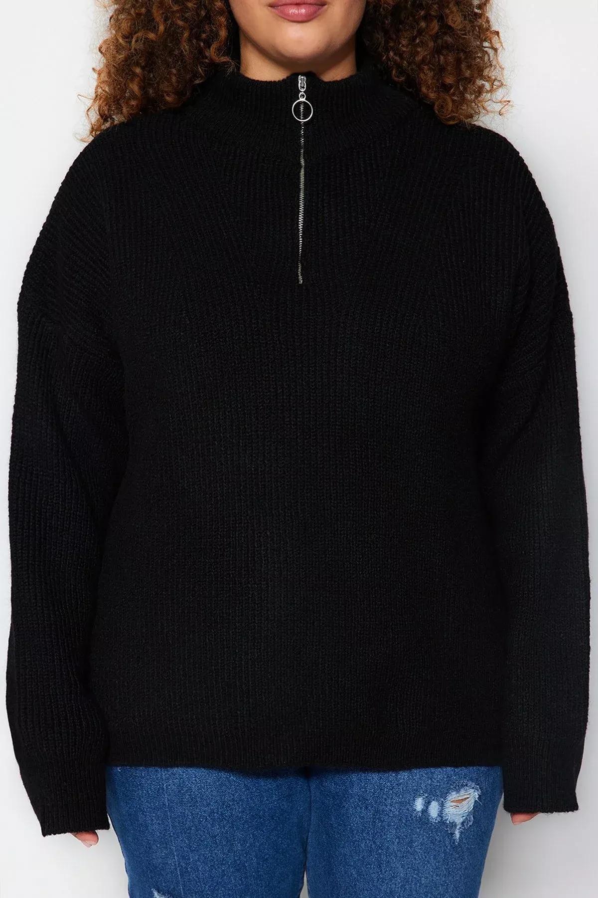 Black Zipper Closure Knitwear Sweater, BLACK, large image number 3