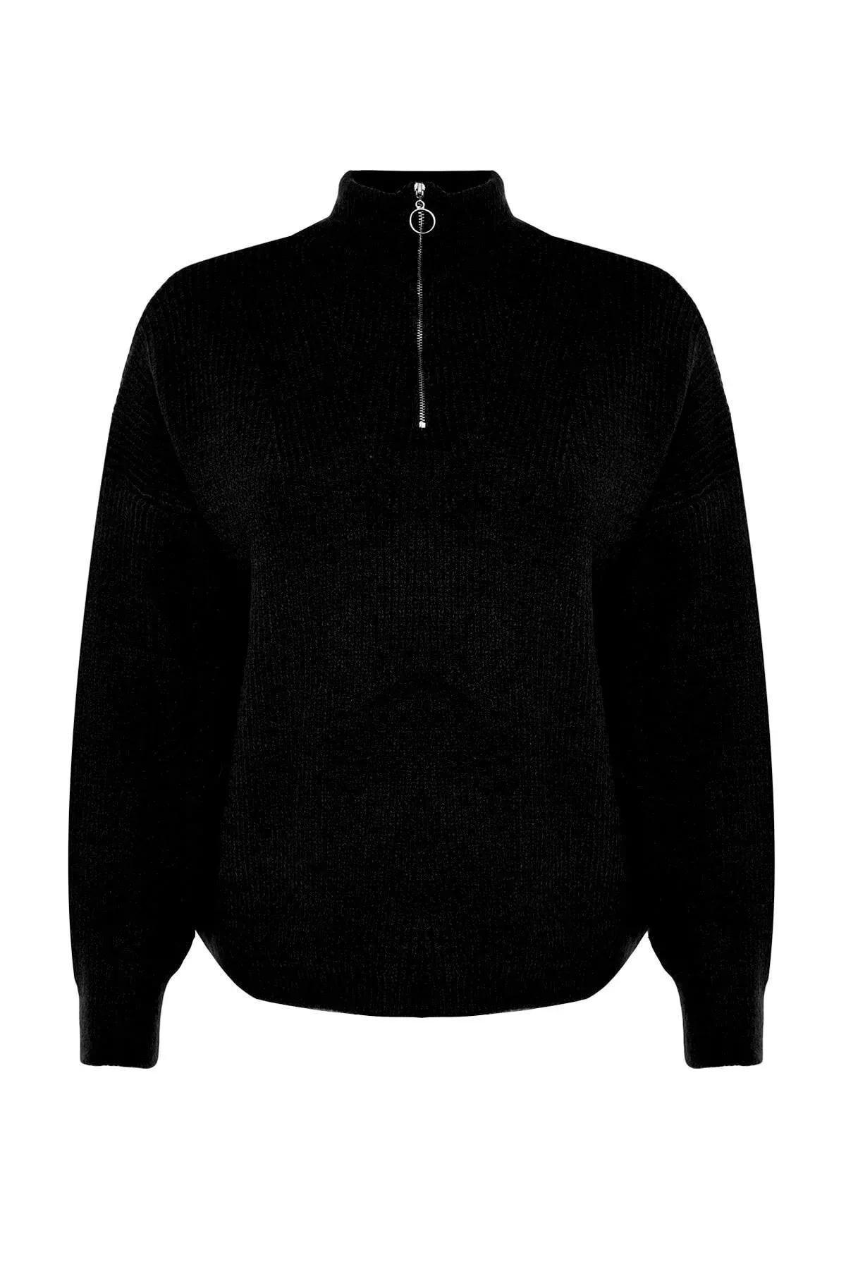 Black Zipper Closure Knitwear Sweater, BLACK, large image number 5