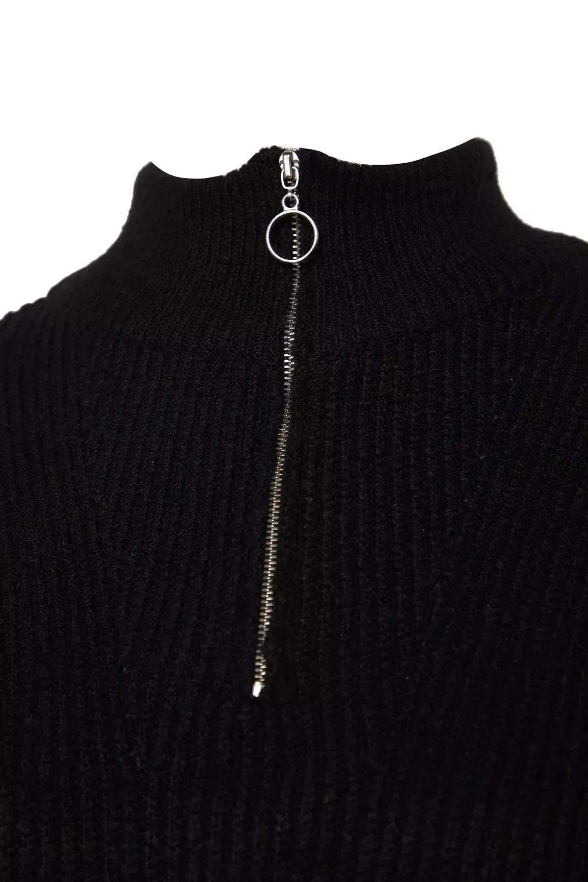 Black Zipper Closure Knitwear Sweater, BLACK, large image number 7