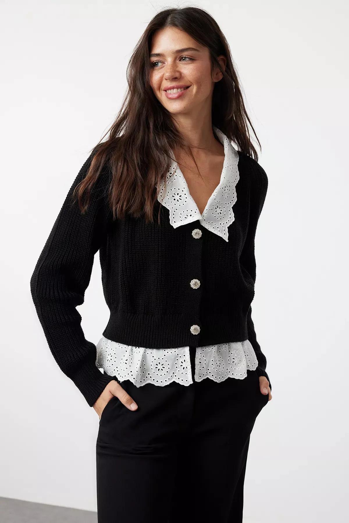 Black Crop Knit Cardigan, BLACK, large image number 0