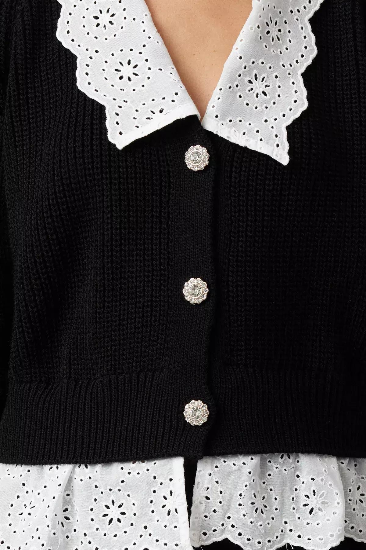 Black Crop Knit Cardigan, BLACK, large image number 2