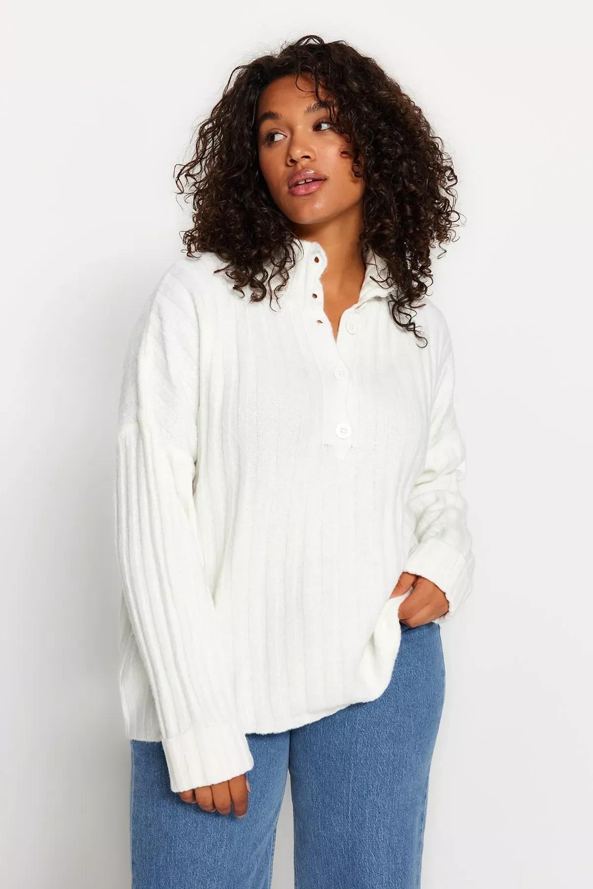 Cream Relaxed Plus Size Sweater, Ecru, large image number 0