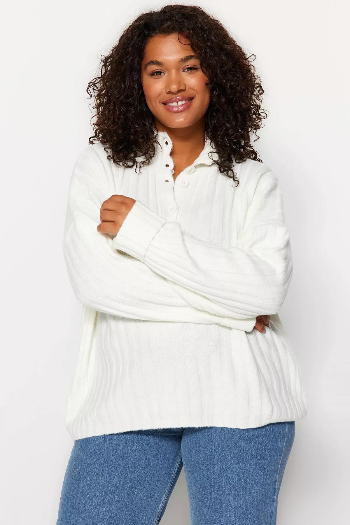 Cream Relaxed Plus Size Sweater, Ecru, large image number 1