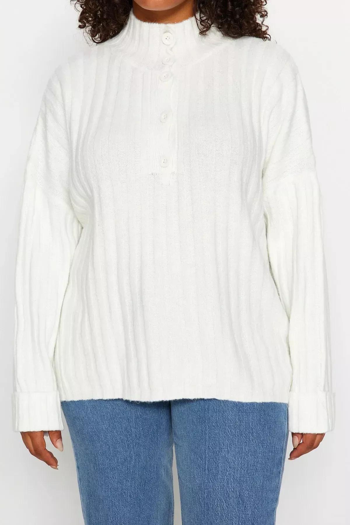 Cream Relaxed Plus Size Sweater, Ecru, large image number 3