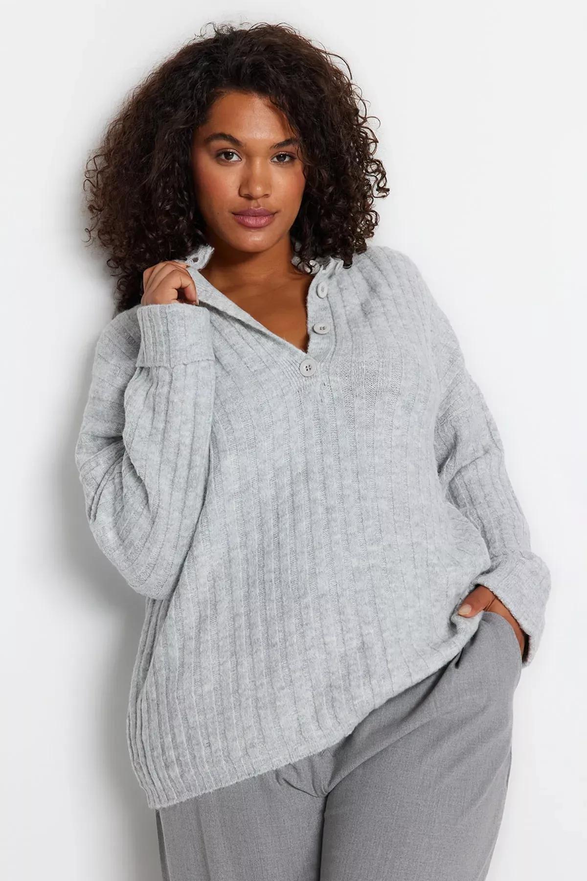 Grey Relaxed Plus Size Sweater, Grey, large image number 0