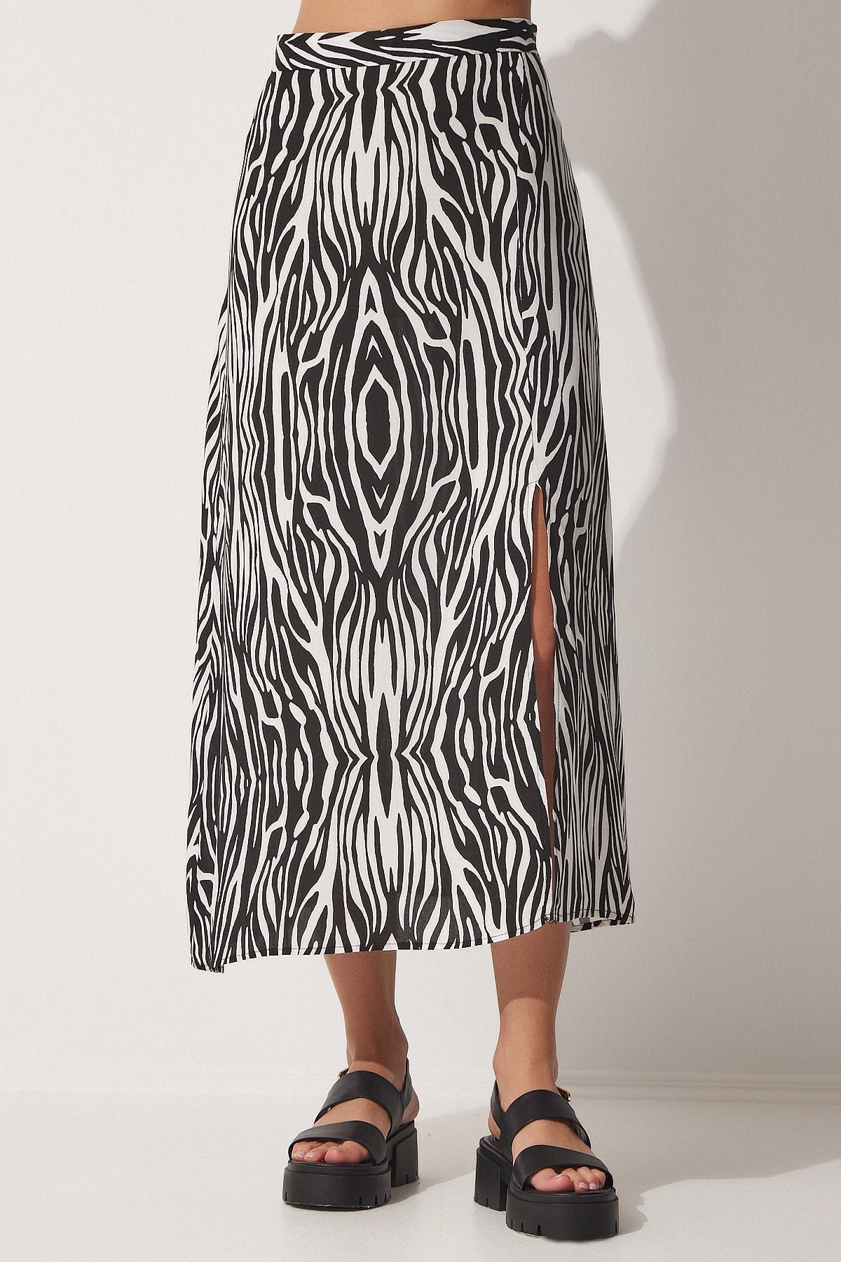 Black Patterned Midi Skirt, BLACK WHITE, large image number 3