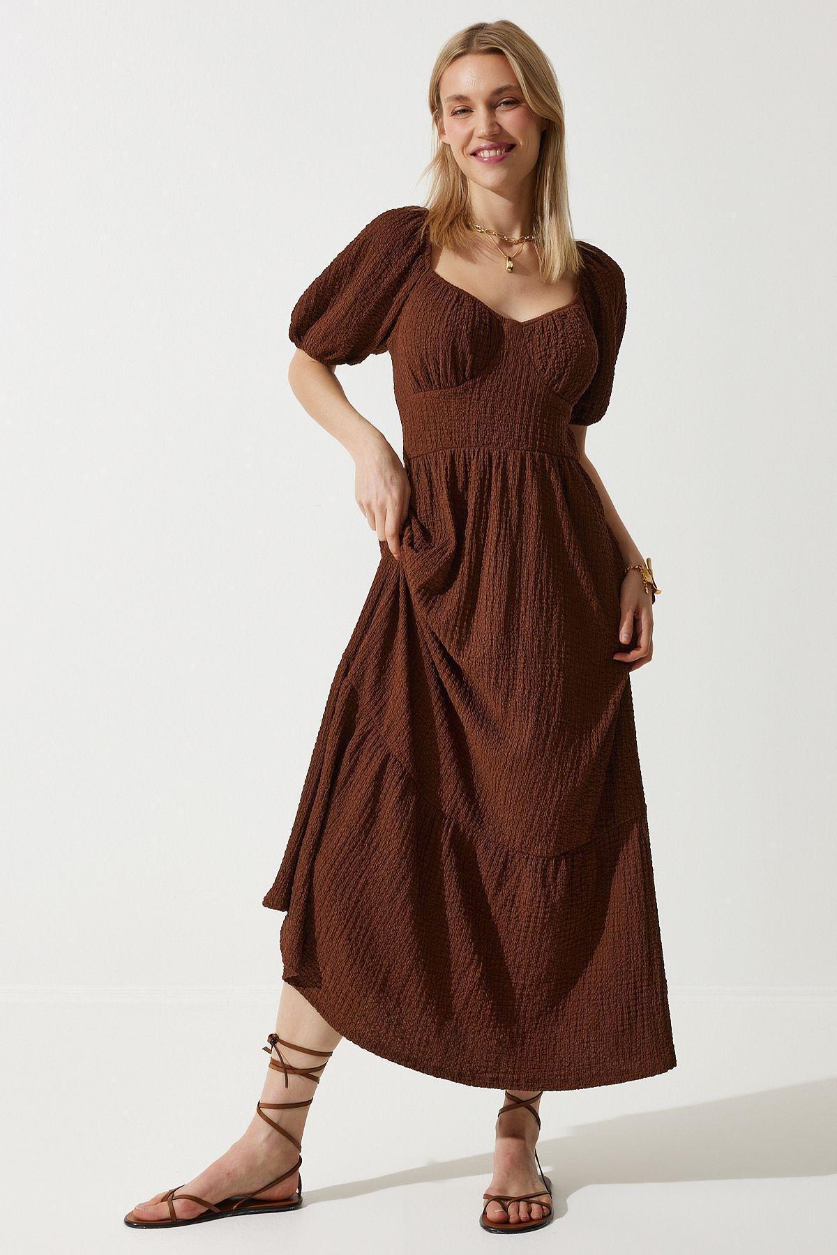 Brown Textured Milkmaid Maxi Dress, , large image number 0