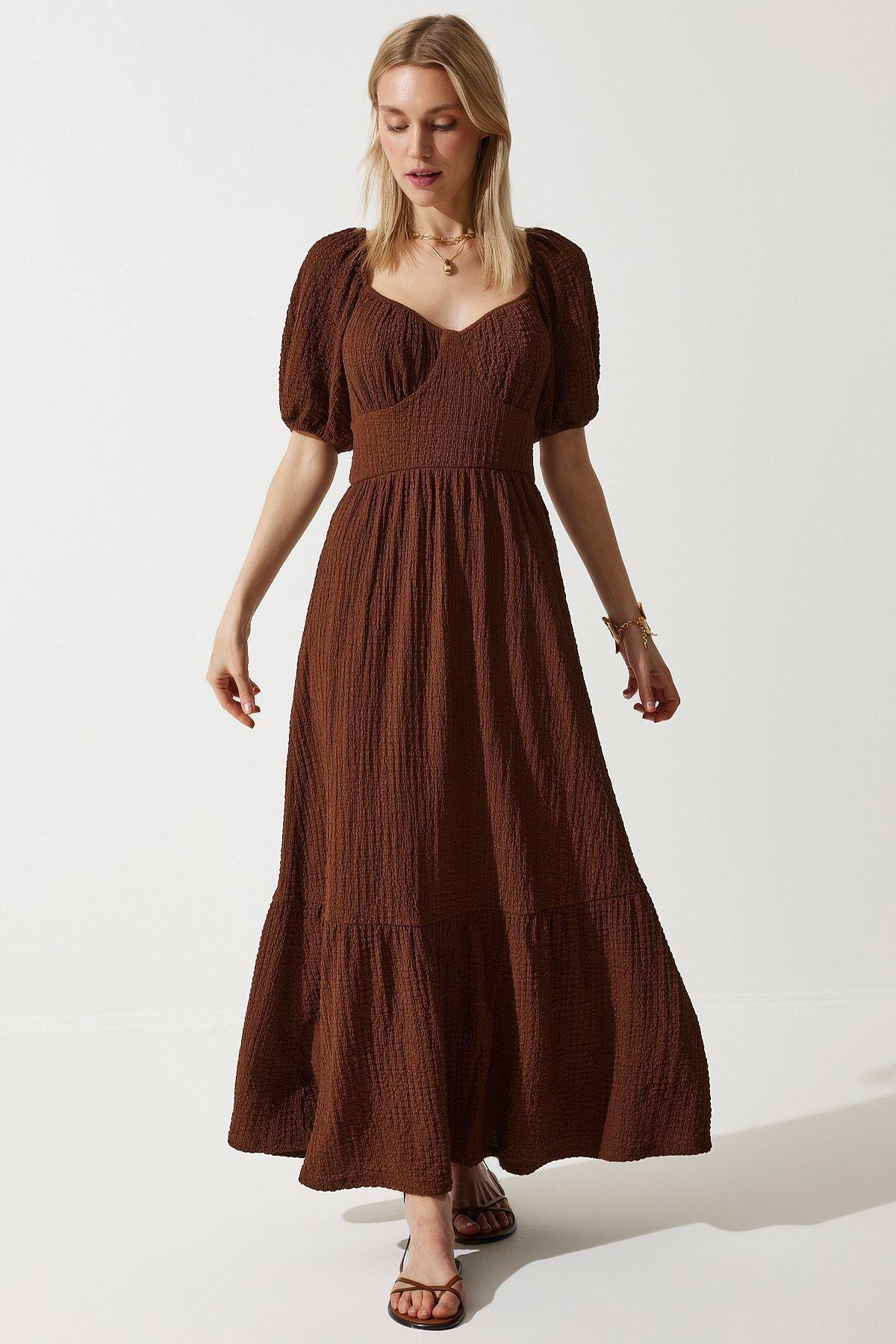 Brown Textured Milkmaid Maxi Dress, , large image number 1