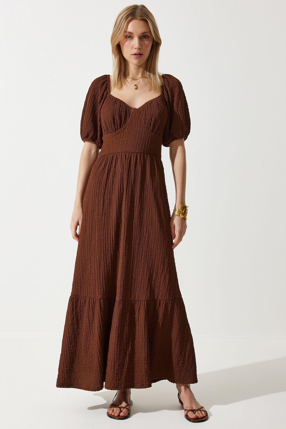 Brown Textured Milkmaid Maxi Dress, , large image number 2