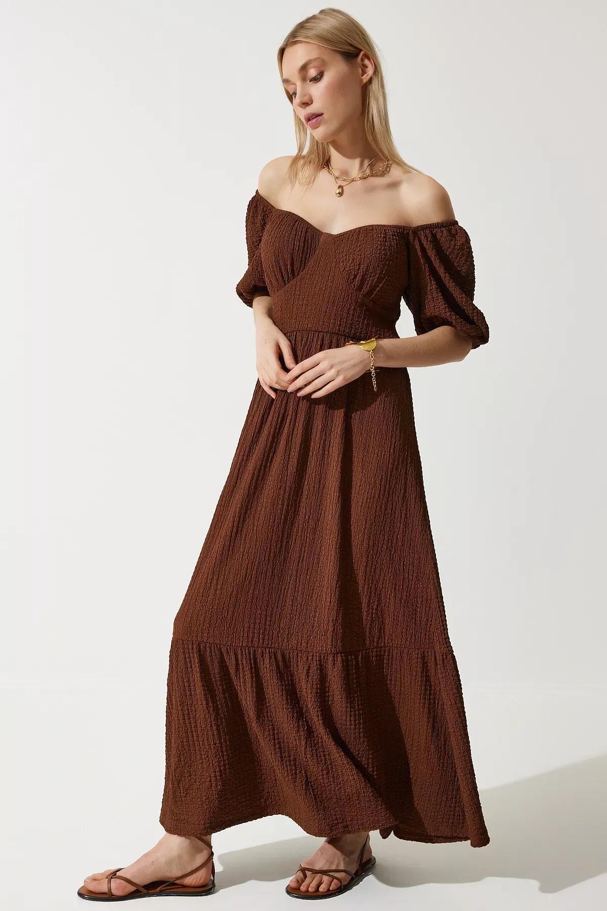 Brown Textured Milkmaid Maxi Dress, Brown, large image number 4